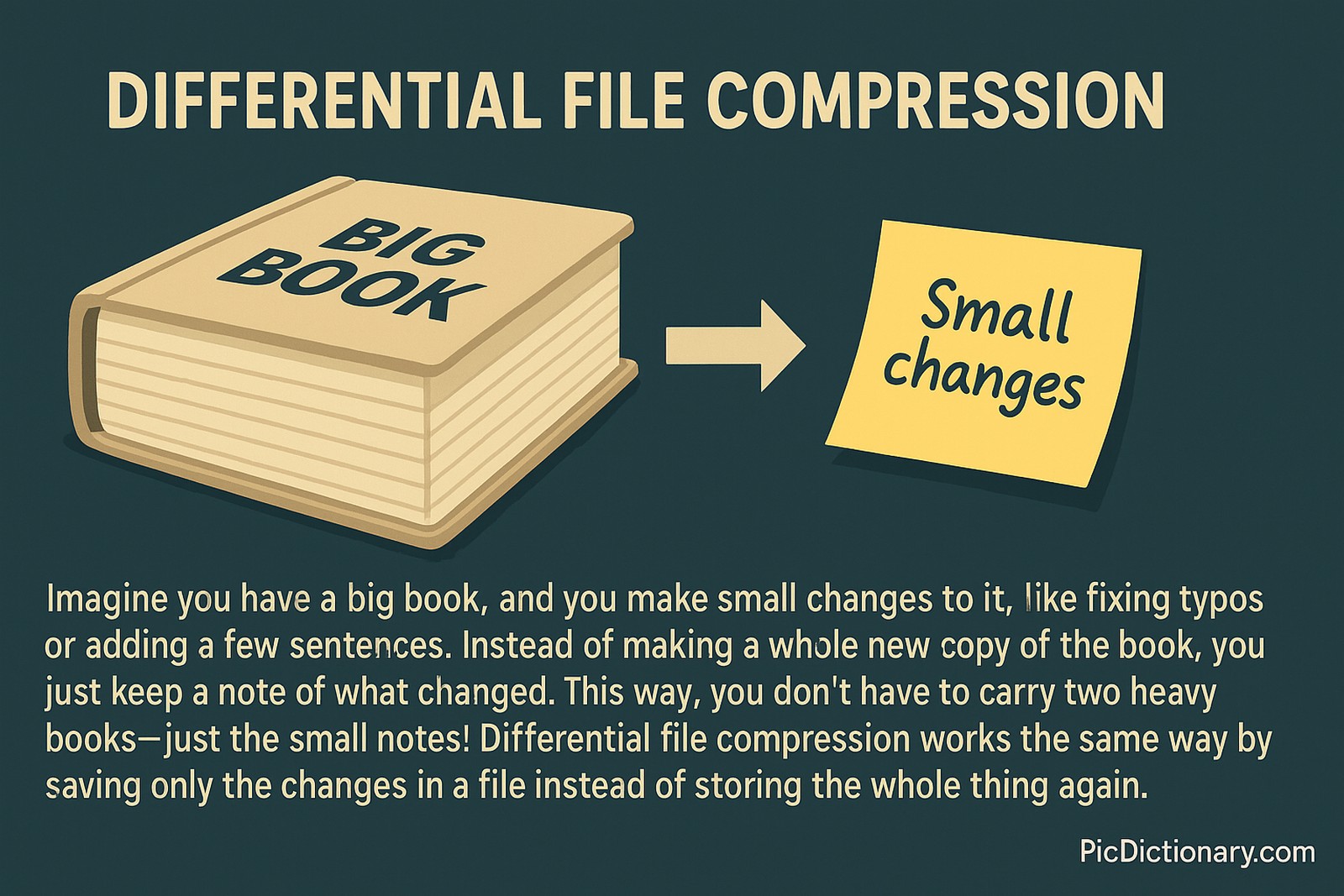  A 2D digital illustration explains differential file compression using a metaphor. On the left is a large book labeled "BIG BOOK," symbolizing the original file. An arrow points to a yellow sticky note on the right labeled "Small changes," representing the compressed update. Below, a caption reads: “Imagine you have a big book, and you make small changes to it… Differential file compression works the same way by saving only the changes in a file instead of storing the whole thing again.