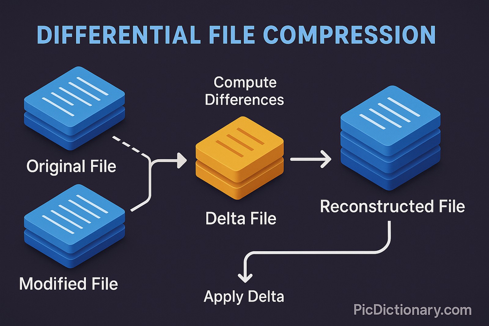 A 3D infographic titled "DIFFERENTIAL FILE COMPRESSION" shows a process flow from an original file and a modified file to a delta file and finally a reconstructed file. It uses labeled arrows and 3D-styled file icons on a dark purple background. The steps "Compute Differences" and "Apply Delta" are clearly marked. 