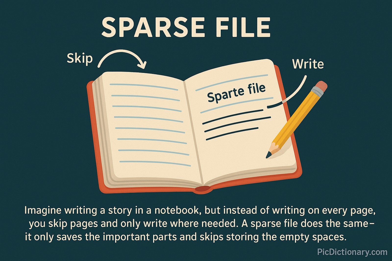  A flat-style digital illustration against a dark teal background shows an open notebook with a red-orange spine. One side has blank lines labeled "Skip," and the other side has written lines labeled "Write," with the text “Sparse file.” A yellow pencil lies on the right page. At the bottom, explanatory text reads: “Imagine writing a story in a notebook, but instead of writing on every page, you skip pages and only write where needed