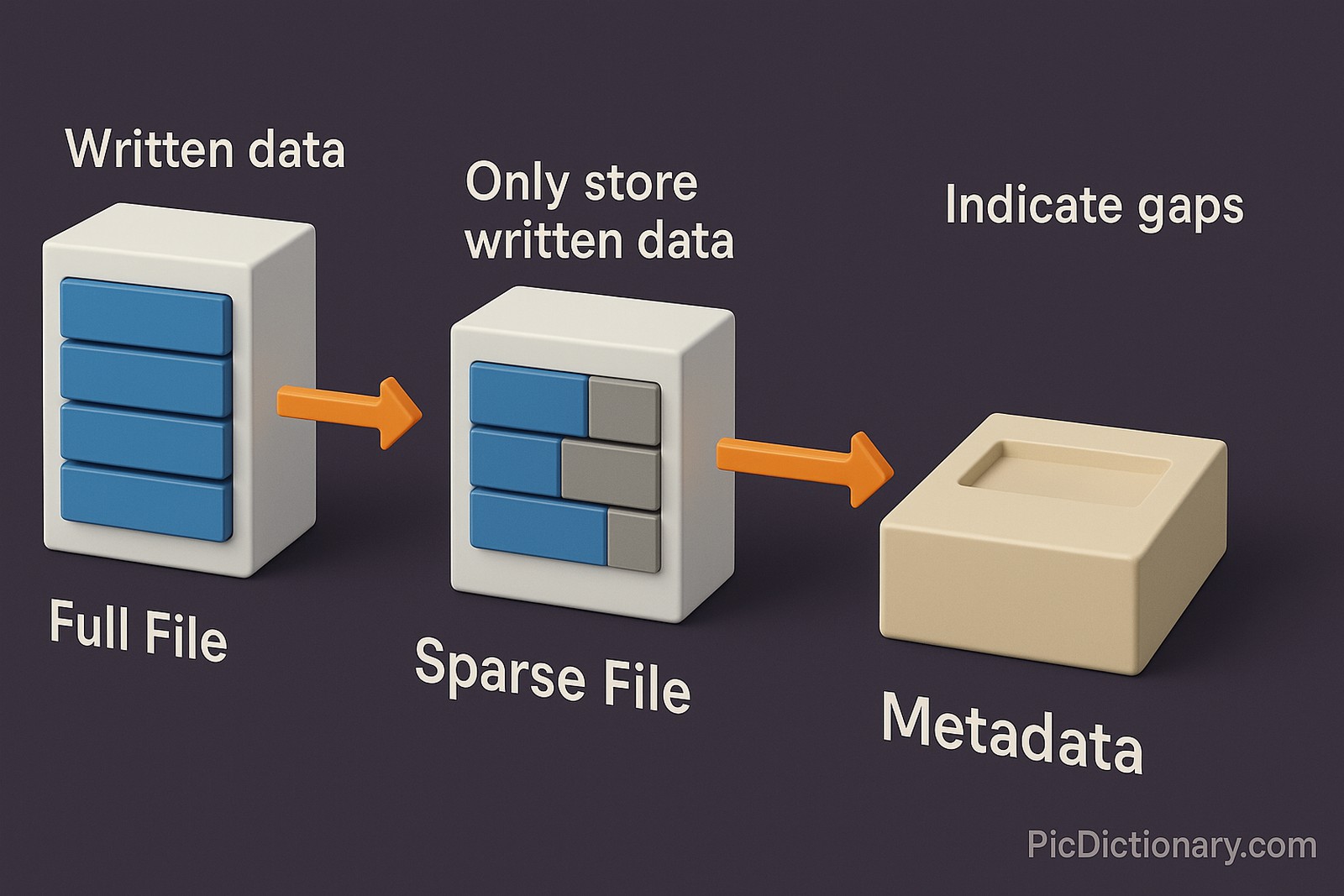 A 3D-rendered digital infographic on sparse files, showing a transition from a full file storing all data blocks, to a sparse file storing only written data with gaps marked by grey blocks, and finally to a metadata block that indicates those gaps. Each stage is labeled clearly, with orange arrows connecting them left to right