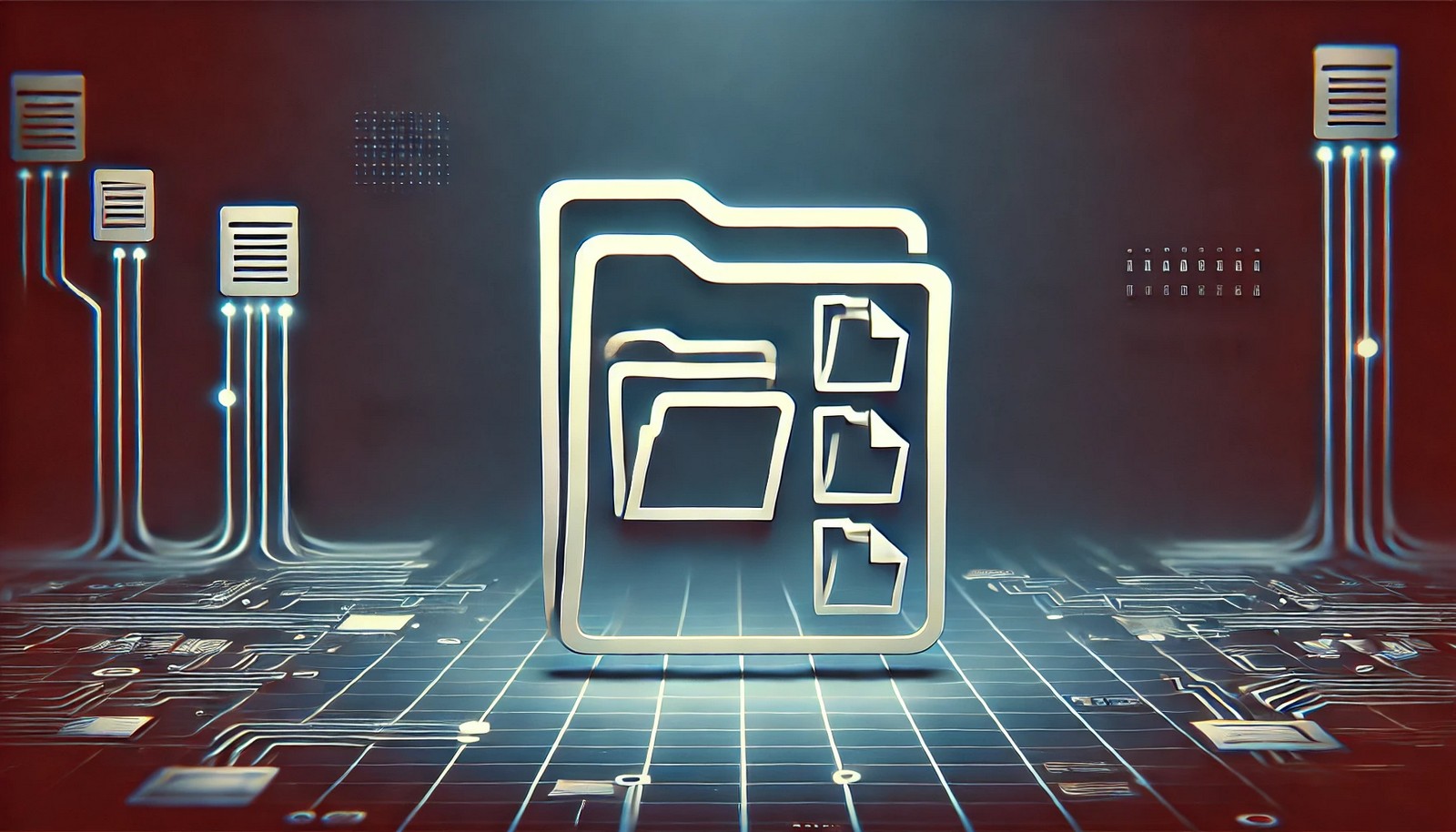  A futuristic digital illustration representing sparse files, featuring a computer file icon with hollow sections symbolizing unallocated space. The background has a tech-inspired design, emphasizing efficient storage and data optimization.