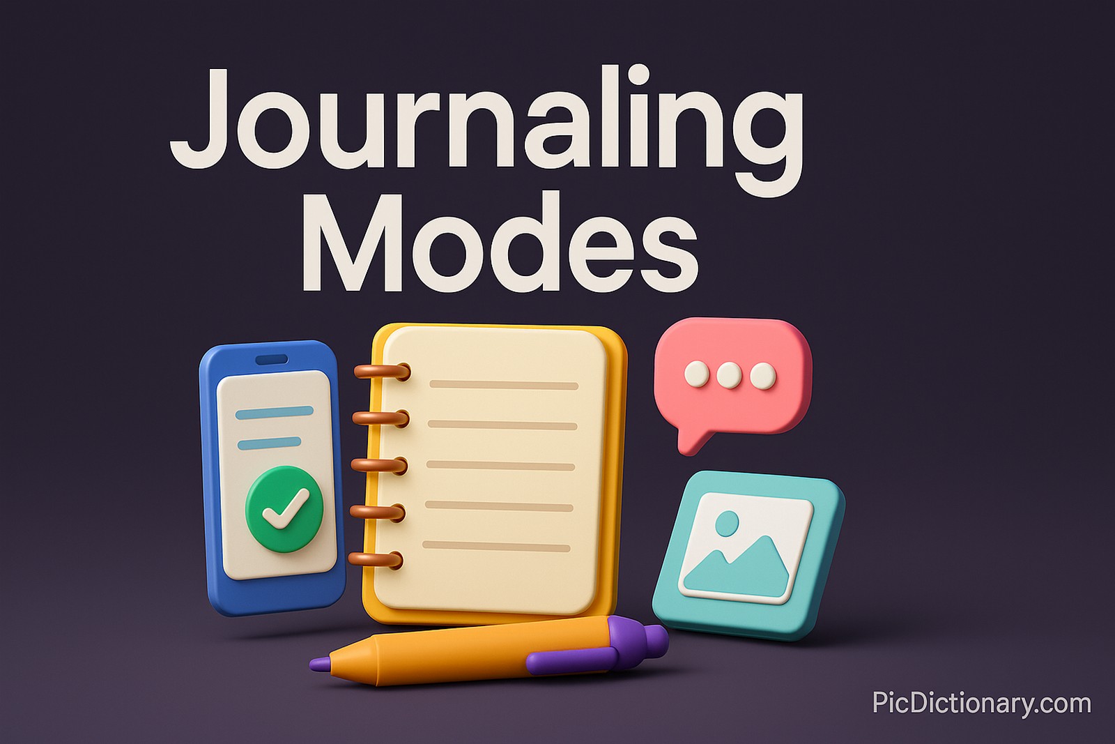 A 3D-rendered digital illustration features the words "Journaling Modes" in bold white text against a dark purple background. Centered below is a yellow spiral-bound notebook with a pen, surrounded by icons representing different journaling formats: a blue smartphone, a pink speech bubble, and a teal tablet with a photo icon.