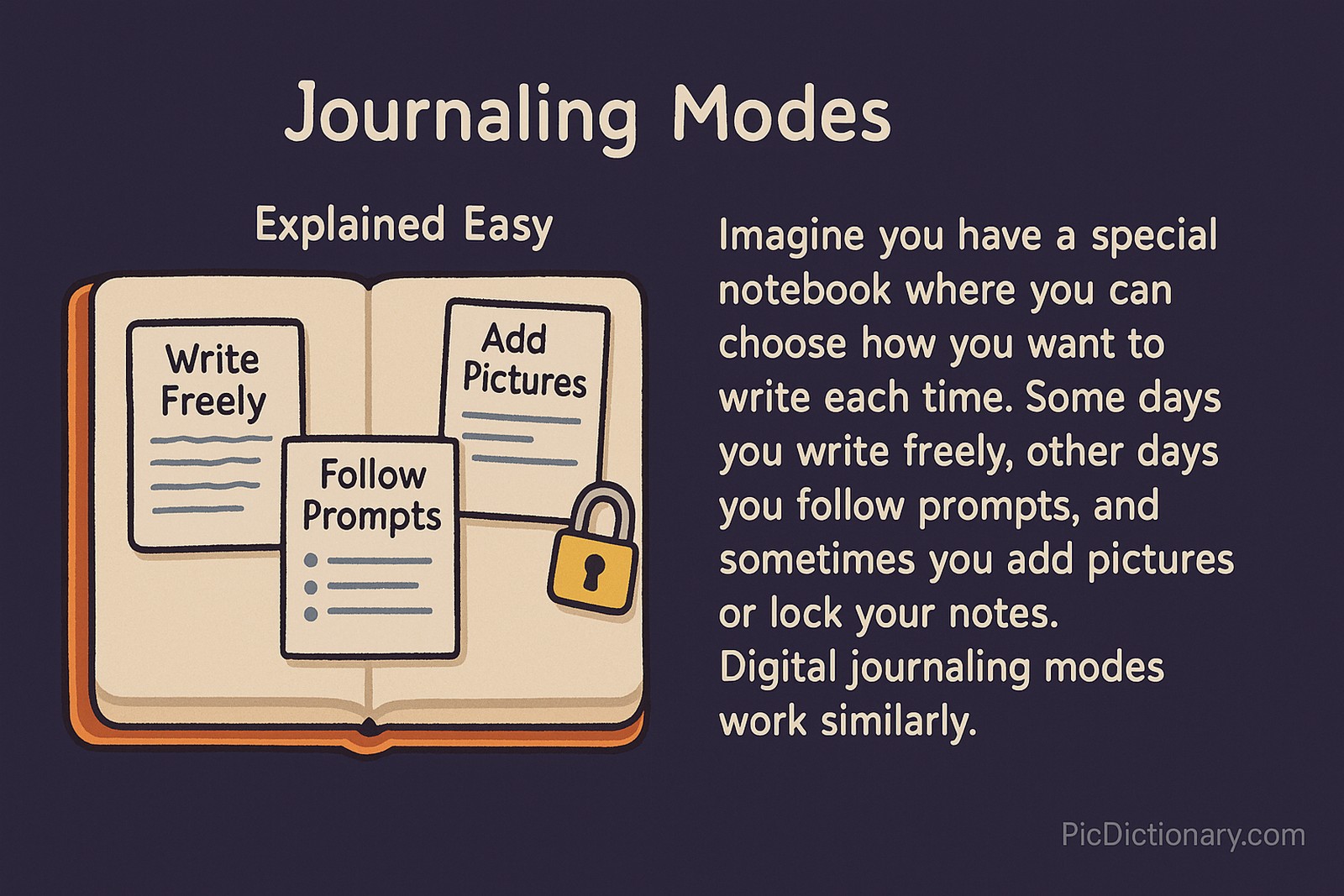 A 2D digital illustration against a dark purple background shows an open notebook labeled "Journaling Modes." Inside the notebook are labeled pages: "Write Freely," "Follow Prompts," and "Add Pictures," with a small padlock representing locked notes