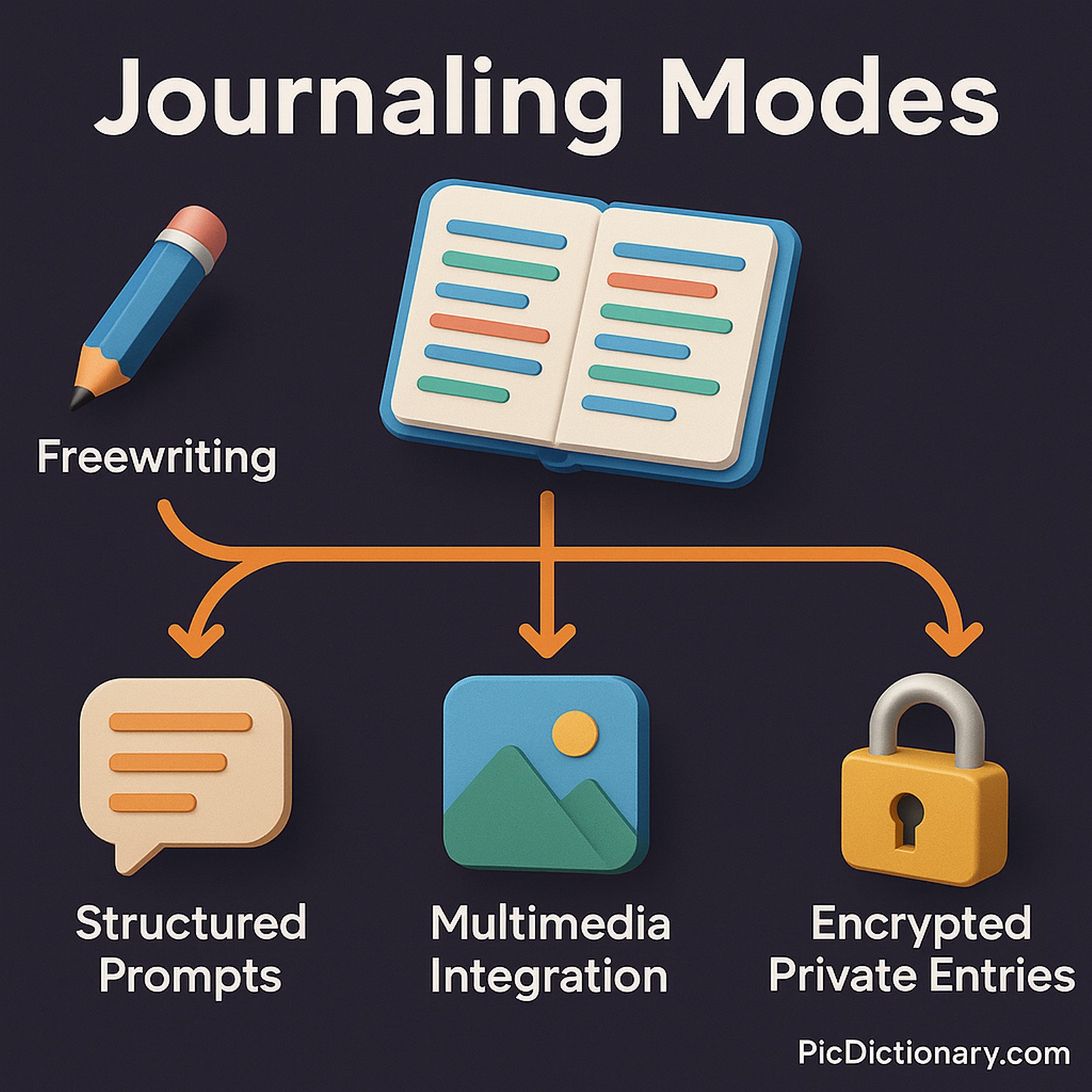 A 3D infographic titled "Journaling Modes" on a dark purple background. At the center is a stylized 3D notebook icon. Four labeled icons branch from it: a pencil for “Freewriting,” a speech bubble for “Structured Prompts,” a photo icon for “Multimedia Integration,” and a golden padlock for “Encrypted Private Entries.” Orange arrows connect the notebook to each mode.