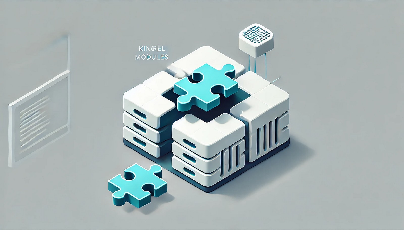  A modern and minimalistic illustration depicting kernel modules, with a puzzle piece being inserted into a larger structure symbolizing the extension of an operating system’s kernel. The image represents modularity and dynamic loading.