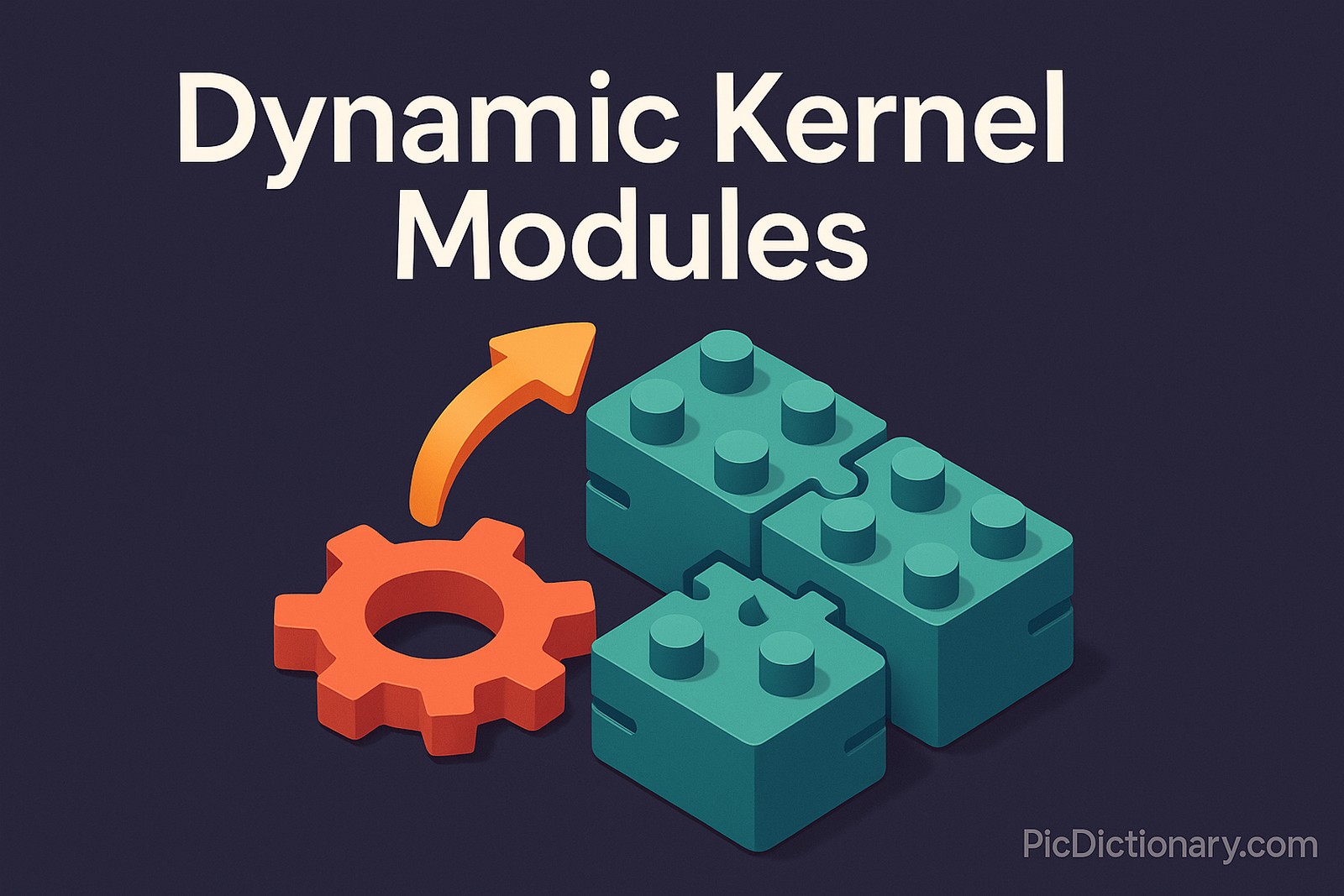 A 3D digital illustration features the bold white title "Dynamic Kernel Modules" centered at the top over a dark purple background. Below the title, a stylized orange gear is shown beside interlocking teal blocks resembling modular components, with a curved orange arrow pointing toward them, symbolizing dynamic loading