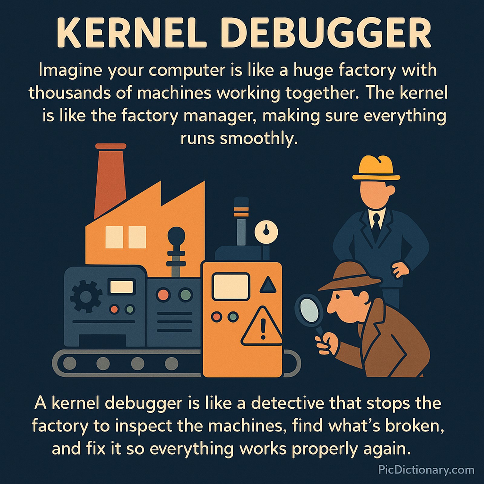 A 2D digital illustration showing a factory with gears and control panels, overseen by a manager figure representing the kernel, while a detective inspects a faulty machine, symbolizing a kernel debugger. Explanatory text above and below describes the analogy in simple terms.