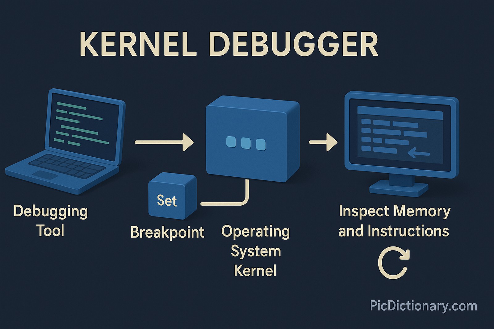 A 3D-style infographic on a dark navy background shows the workflow of a kernel debugger. It includes a debugging tool (laptop), a "Set Breakpoint" block, the OS kernel block, and a monitor for inspecting memory and instructions