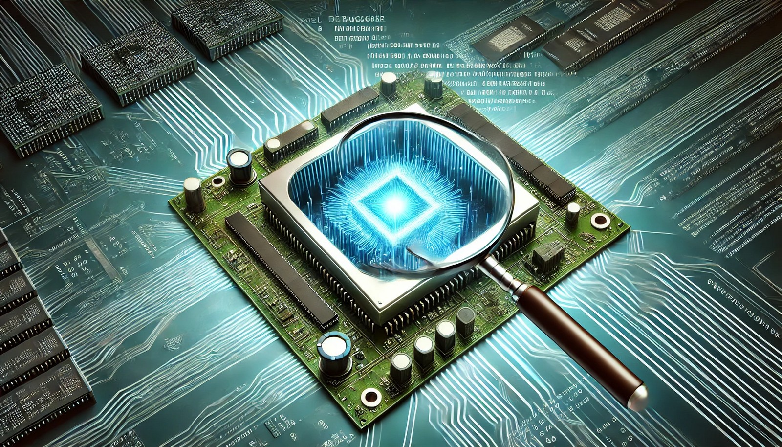  A futuristic digital illustration of a kernel debugger, featuring a magnifying glass inspecting a glowing core within a circuit board. Lines of code and system memory elements highlight the debugging process in a high-tech setting.