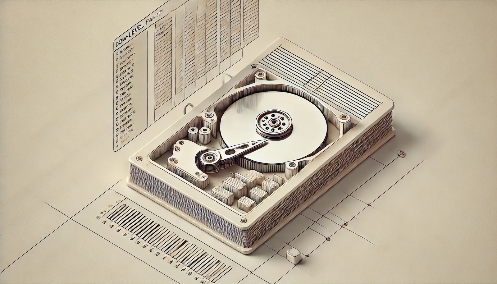  A schematic digital illustration of low-level formatting, showing a hard disk segmented into structured tracks and sectors, resembling a neatly divided notebook. The minimalistic design highlights the organization of storage space.