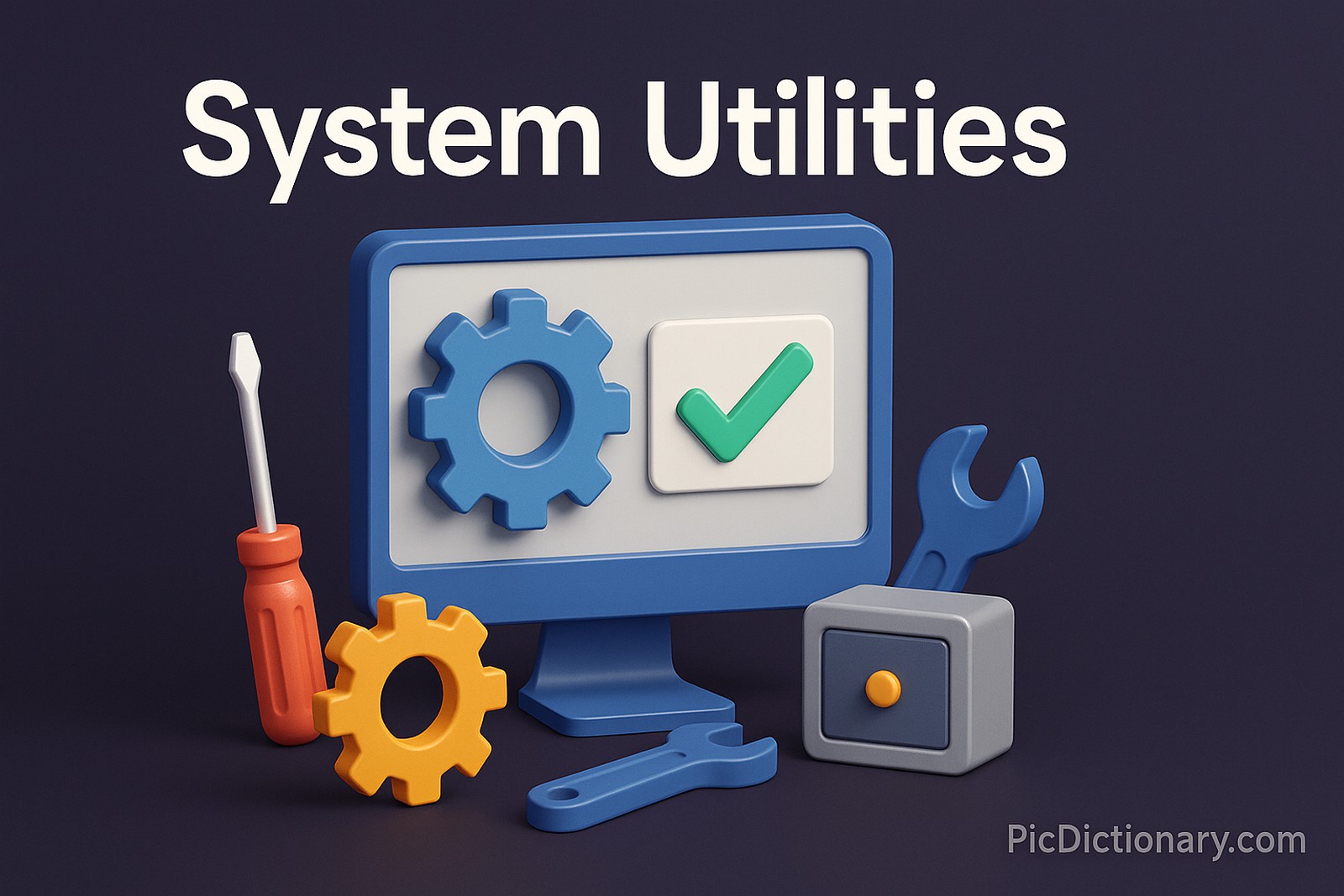 A 3D-rendered digital illustration serves as a visual for an article titled "System Utilities." The scene features a computer monitor at the center displaying a blue gear icon and a green checkmark. Surrounding the monitor are utility-themed objects such as a red screwdriver, an orange gear, a blue wrench, and a gray file cabinet. All elements are styled in a soft, modern plastic-like texture with rounded edges.