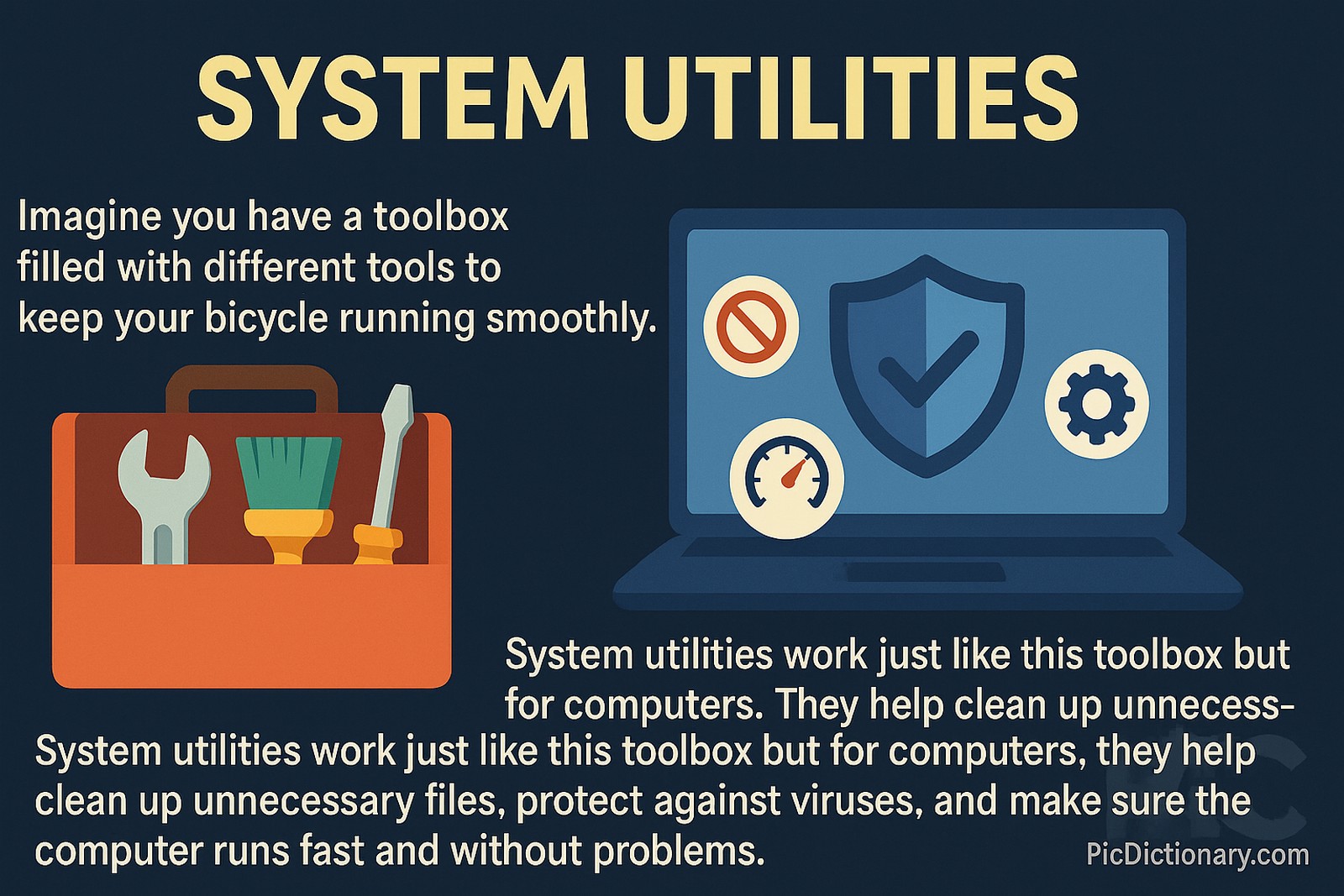 A 2D infographic illustrating the concept of system utilities, featuring a toolbox with tools on the left and a laptop with utility icons (shield, gear, speedometer) on the right, with explanatory text comparing computer utilities to a bicycle repair toolbox.