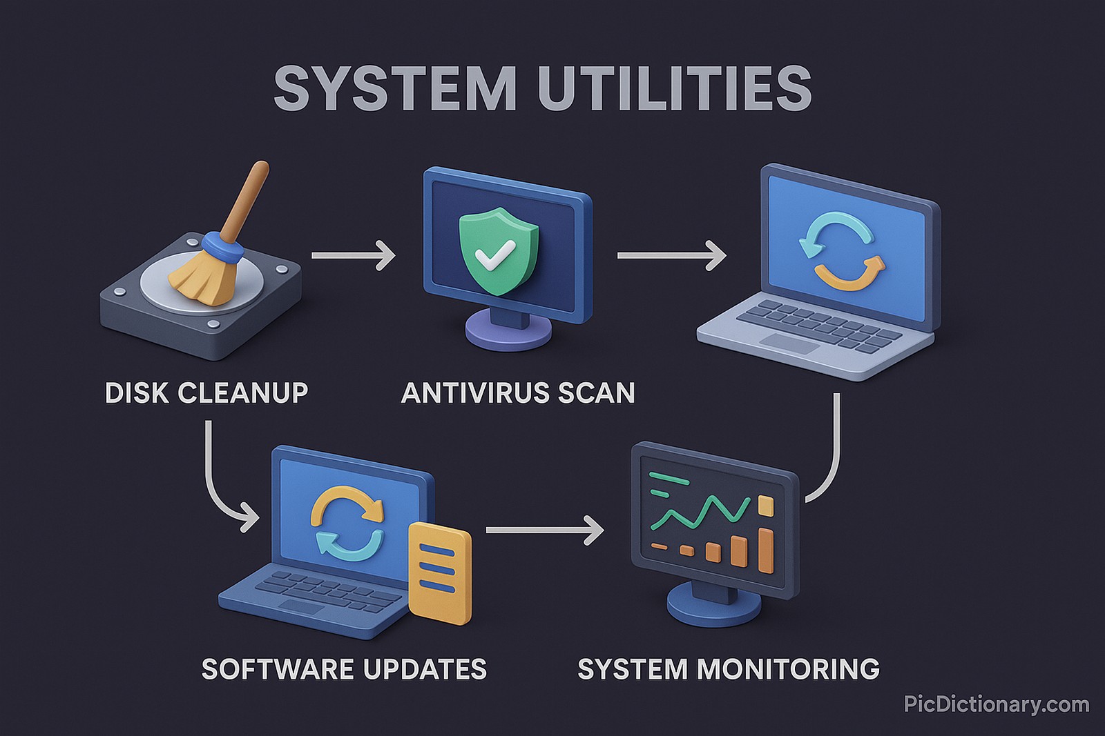 A 3D infographic titled "System Utilities" on a dark purple background, featuring a circular flow of four main steps: "Disk Cleanup" (illustrated by a broom on a hard disk), "Antivirus Scan" (a monitor with a shield and checkmark), "Software Updates" (a laptop with update arrows and a document icon), and "System Monitoring" (a monitor showing performance graphs)