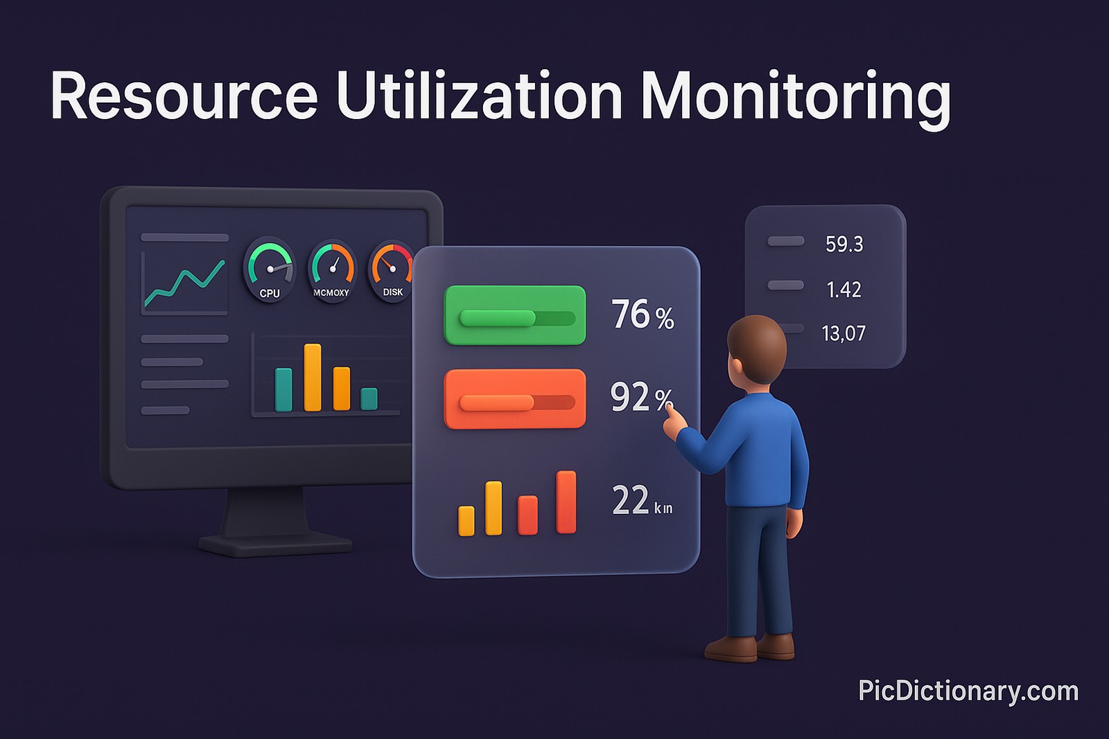 3D rendered infographic showing the concept of Resource Utilization Monitoring. The scene features a dark-shaded background with a digital control room interface displaying graphs, CPU/memory/disk usage dials, and real-time system metrics. Central to the image is a semi-transparent dashboard with floating data panels showing percentage values and color-coded alerts (green for optimal, orange for moderate, red for critical). A 3D figure, representing a system administrator, observes the metrics on a holographic display.