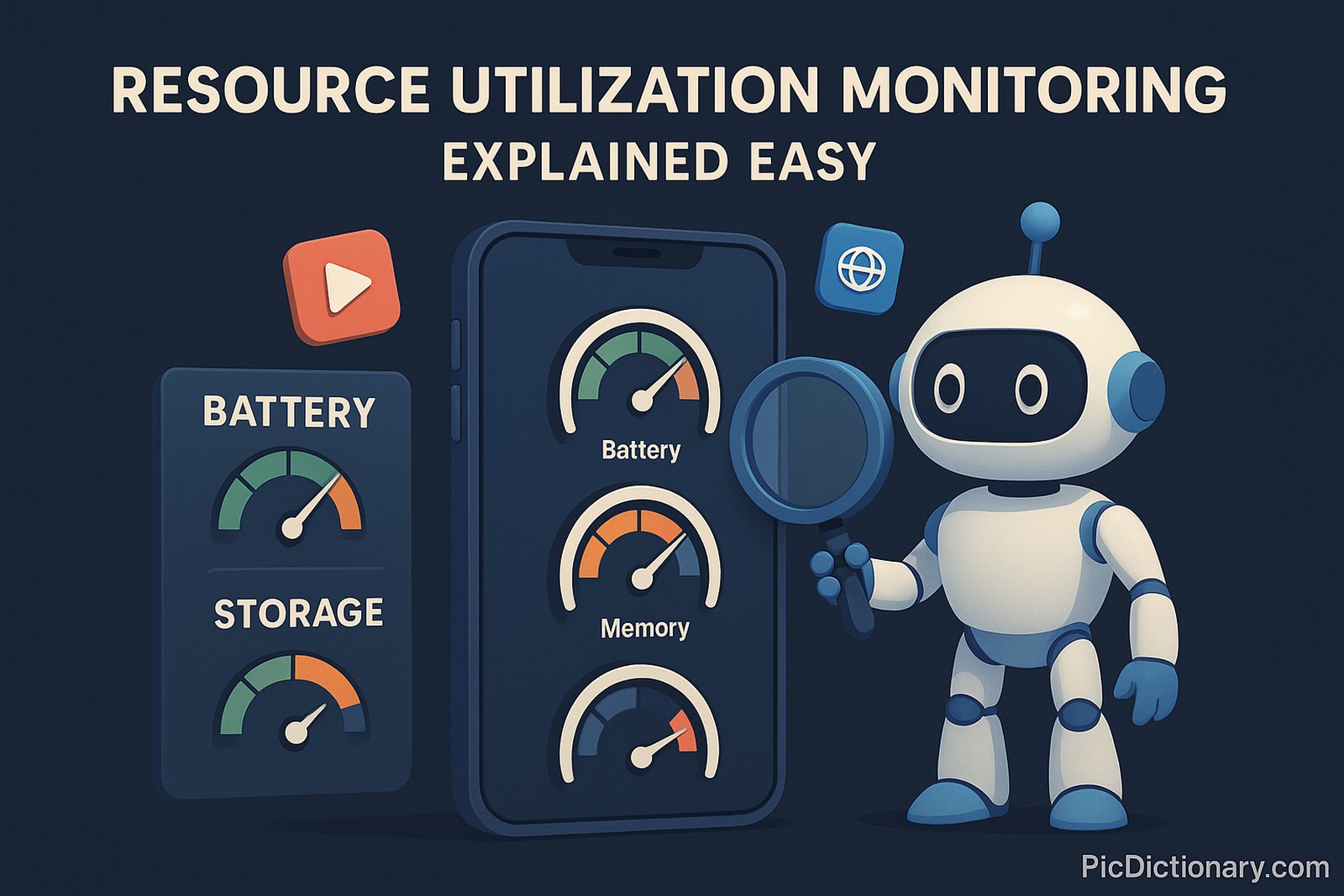 A 3D illustration showing a smartphone on a dark background, with gauges and meters surrounding it labeled "Battery", "Storage", and "Memory". Each meter has animated-style indicators showing real-time monitoring. A friendly robot helper stands next to the phone, holding a magnifying glass, inspecting the device. Floating icons of open apps (like camera, music, browser) illustrate overuse. The image includes a heading: “Resource Utilization Monitoring – Explained Easy” at the top. 