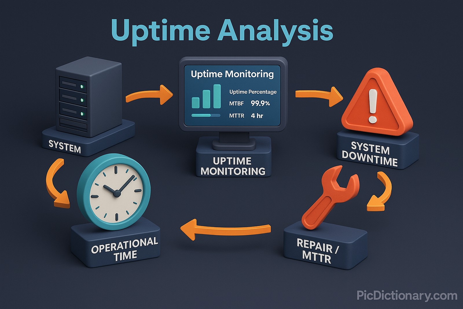A 3D infographic in a 16:9 aspect ratio on a dark shaded background, visually explaining the concept of Uptime Analysis as a workflow. The image begins with a server icon labeled "System Start", followed by a clock graphic showing operational time, then moves to a "Uptime Monitoring" dashboard screen with metrics like uptime percentage, MTBF, and MTTR. A red alert symbol highlights "System Downtime", which flows into a wrench icon for "Repair / MTTR", and finally loops back to "System Operational Again