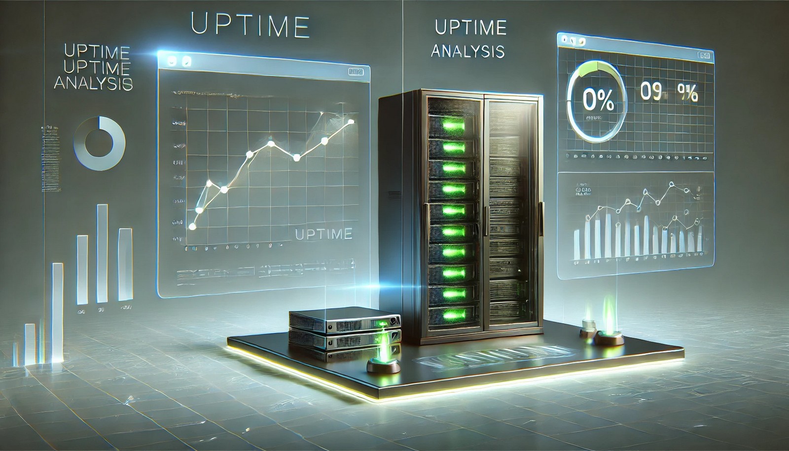  A modern digital illustration depicting uptime analysis, featuring a tech-inspired dashboard with a real-time uptime indicator, a line graph showcasing system uptime trends, and a server rack with glowing green operational lights.