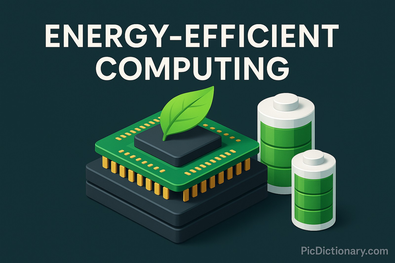 A 3D-rendered illustration with the title "ENERGY-EFFICIENT COMPUTING" in bold white letters on a dark teal background. Below the title, a computer processor with a green circuit board and golden pins is shown, topped with a bright green leaf symbolizing eco-friendliness. To the right of the chip, two cylindrical battery icons filled with green segments represent energy efficiency. 