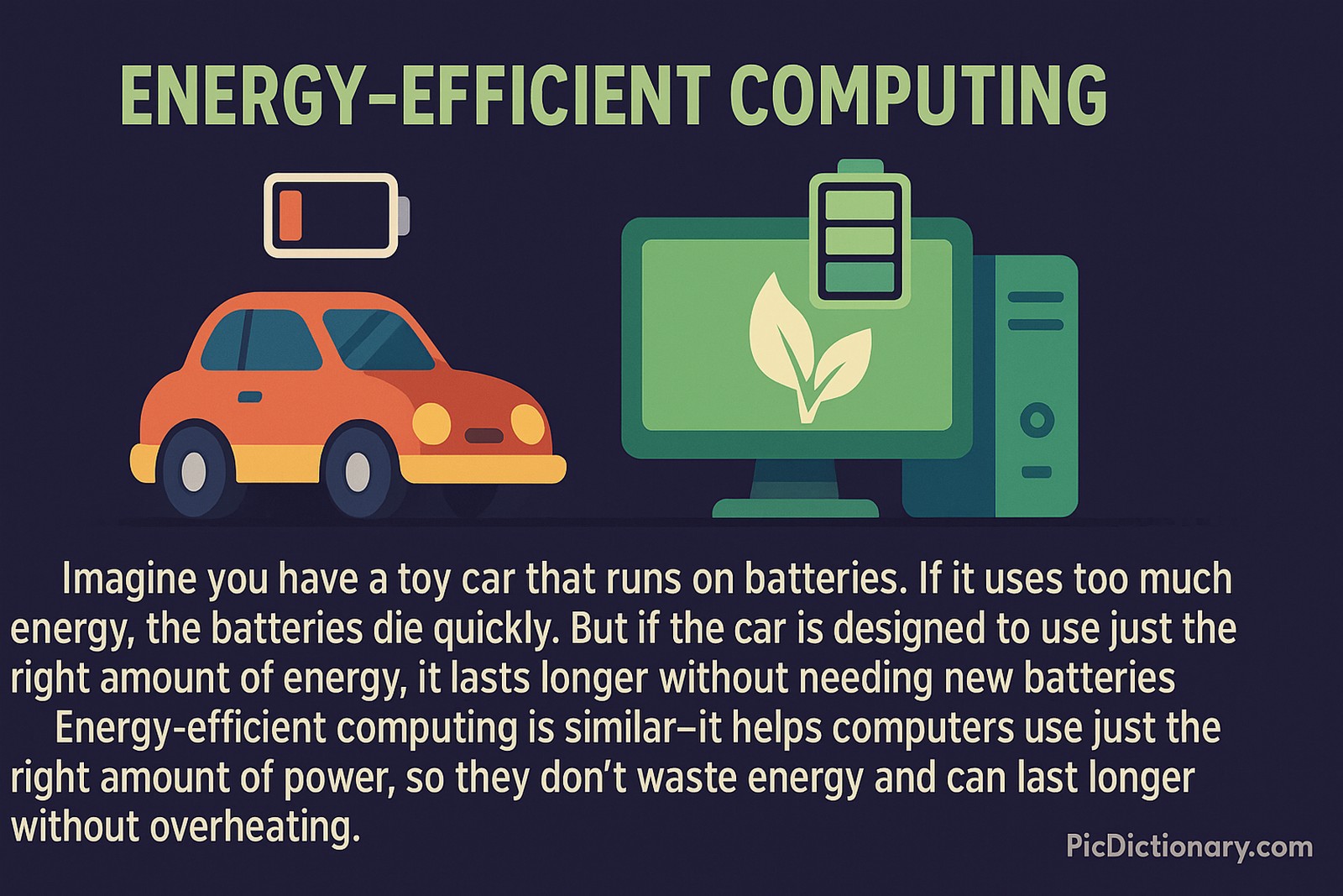 A 2D digital illustration infographic showing a toy car with a low battery icon and a desktop computer with a full battery icon and a green leaf symbol, representing energy-efficient computing. The image compares excessive energy use with efficient power consumption, using the analogy of a toy car.