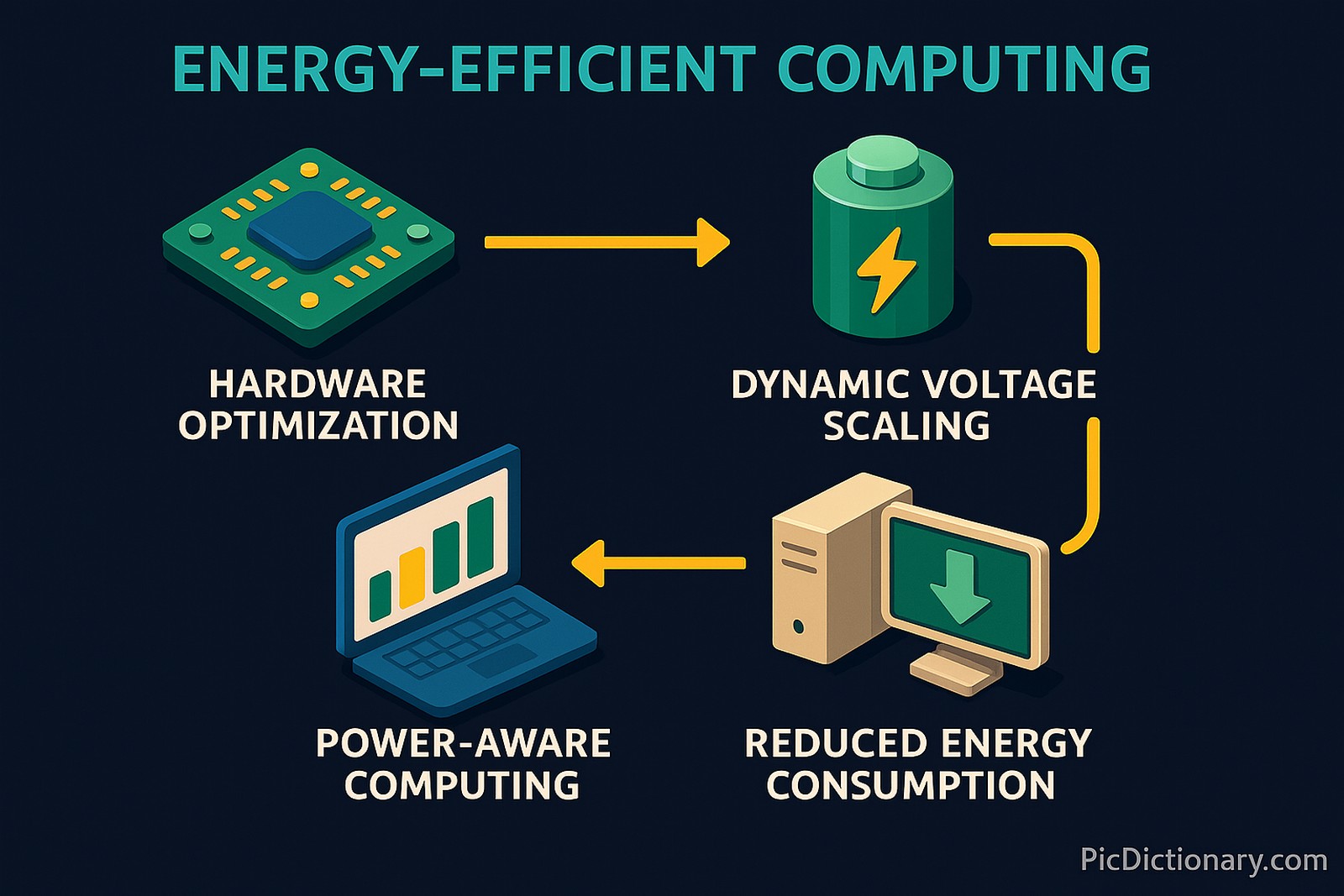 A corrected 3D-style infographic titled "ENERGY-EFFICIENT COMPUTING" displayed on a dark blue background. It features a four-step process: "HARDWARE OPTIMIZATION" (a microchip), "DYNAMIC VOLTAGE SCALING" (a green battery with a lightning icon), "REDUCED ENERGY CONSUMPTION" (a beige desktop computer with a green downward arrow), and "POWER-AWARE COMPUTING" (a laptop showing a bar graph). Each concept is visually connected with bold yellow arrows in a clockwise sequence