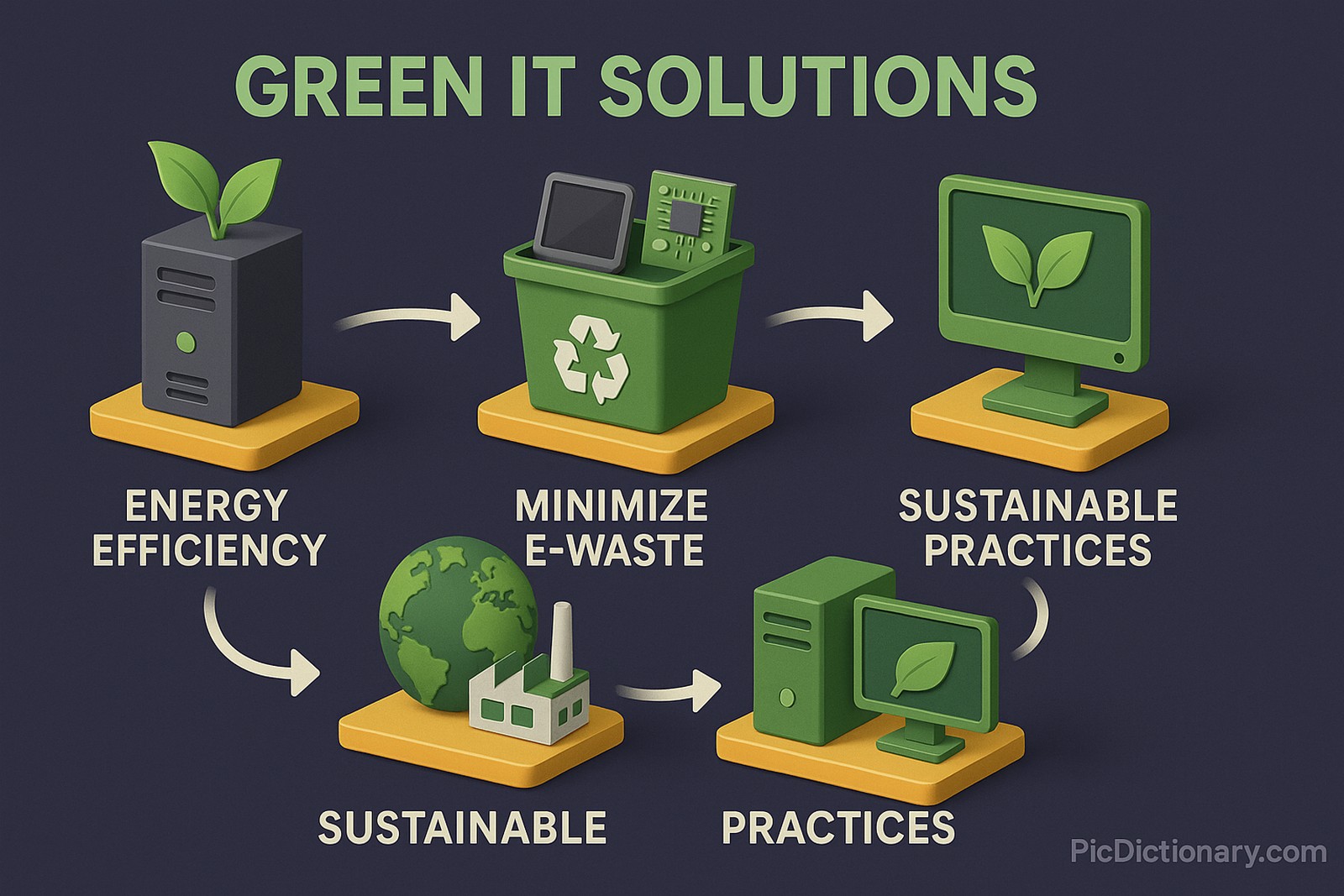 A 3D-style infographic titled "GREEN IT SOLUTIONS" shows four steps in an eco-friendly tech workflow—energy efficiency (with a server and leaf), minimizing e-waste (with a recycling bin of electronics), adopting sustainable practices (represented by a globe and factory), and green IT usage (with a monitor and leaf)