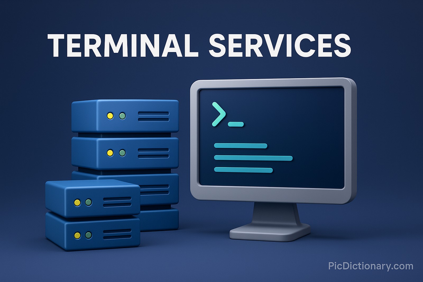 A 3D-rendered illustration showing a computer monitor with a terminal command interface on screen, placed beside a stack of blue server units. The scene is set against a dark blue background with the title “TERMINAL SERVICES” at the top in bold white text