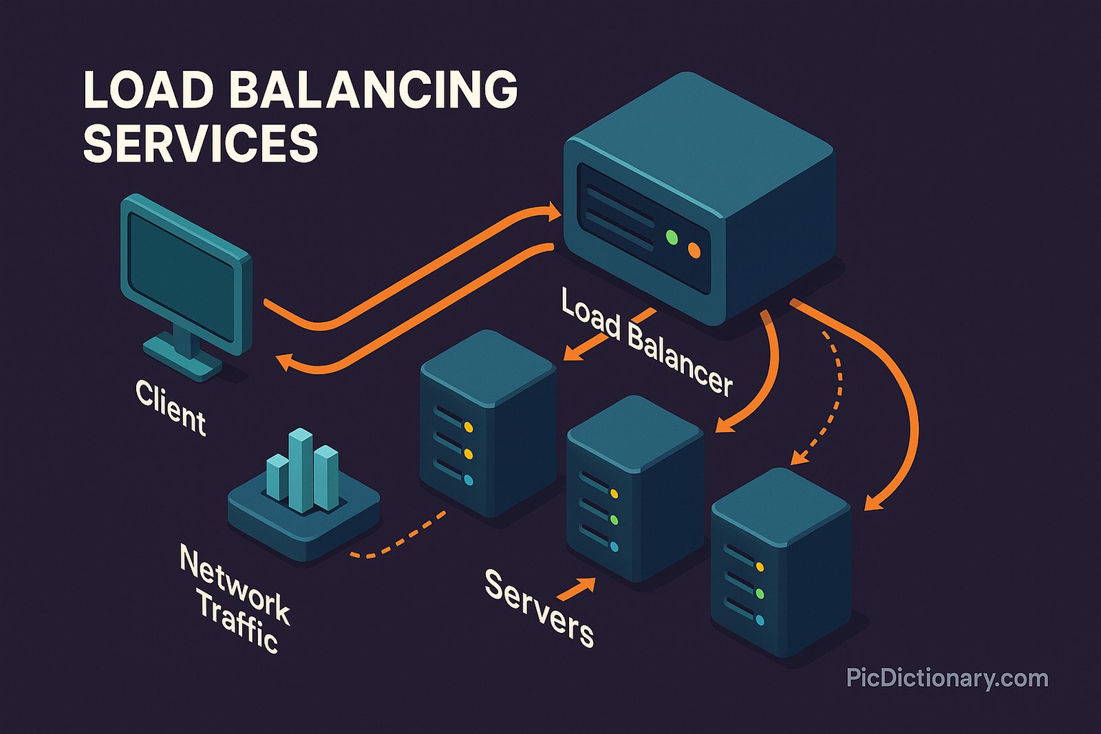 A 3D isometric infographic illustrating load balancing services. The image features a "Client" computer sending "Network Traffic" to a "Load Balancer" device, which then distributes the traffic across three separate "Servers." Arrows show the flow of requests from the client to the load balancer and then evenly distributed to each server.