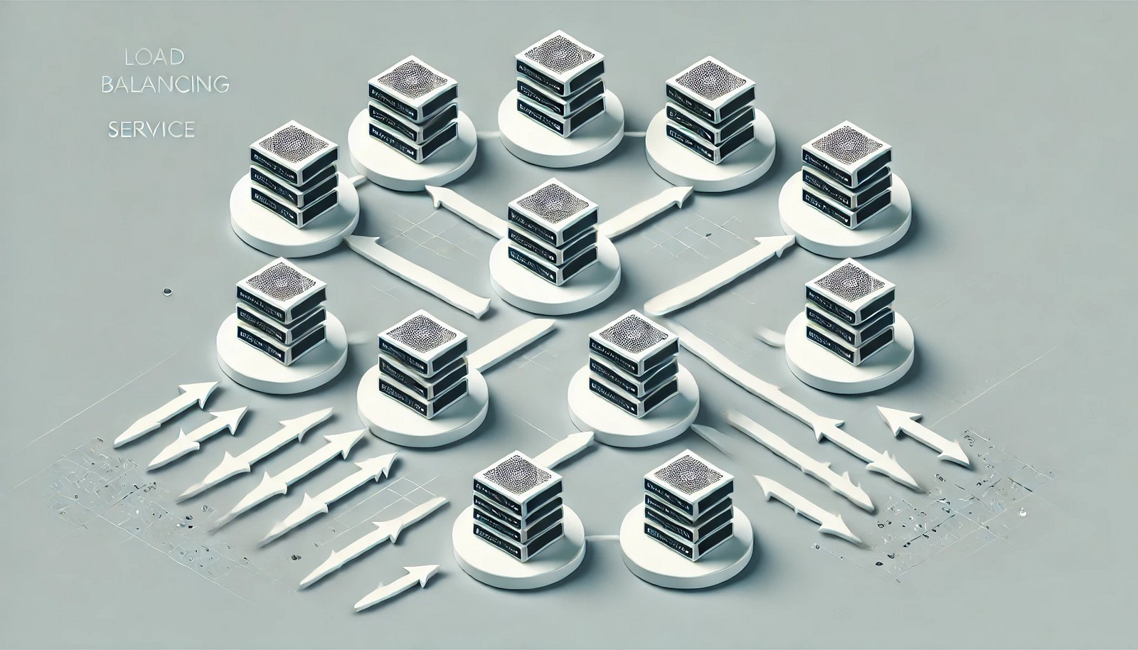  A digital illustration of load balancing services showing multiple servers evenly distributing network traffic. Arrows direct traffic efficiently among servers, symbolizing an organized and balanced system. The design is clean and minimalistic.