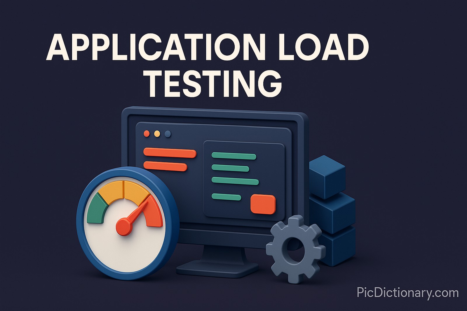 A 3D-rendered digital illustration accompanies the title "APPLICATION LOAD TESTING" in bold white uppercase text centered at the top. The visual features a dark background with a stylized computer monitor displaying color-coded performance bars. In front of the monitor is a speedometer gauge with its needle pointing to the red zone, symbolizing system stress. Stacked cubes and a gear icon suggest technical infrastructure and system operations. 