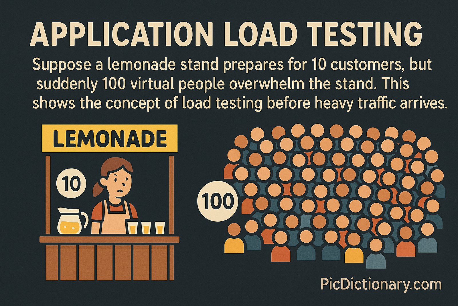 A flat-style digital illustration showing a lemonade stand labeled “LEMONADE” with a worried seller and a “10” customer expectation icon. In front of the stand is a large crowd of 100 colorful, simple human figures, marked with a “100” icon. Text above explains the concept of Application Load Testing using the lemonade stand analogy.