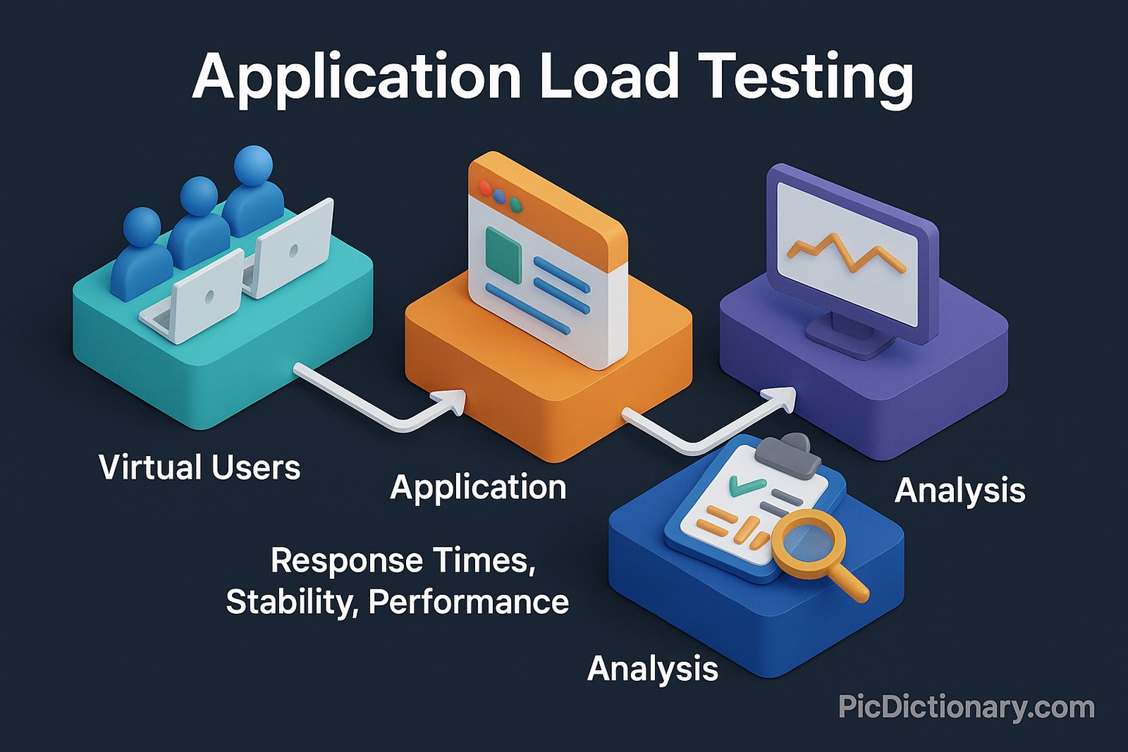 A 3D infographic titled "Application Load Testing" on a dark blue background shows a step-by-step workflow: virtual users using laptops (left), interacting with an application interface (center), followed by two stages of analysis with graph and checklist icons (right). Each stage is labeled clearly with short text. 