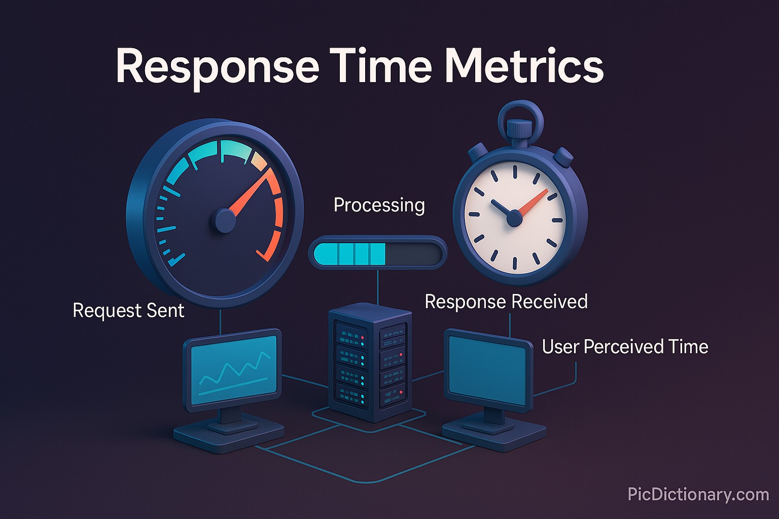 A 3D-rendered infographic titled “Response Time Metrics” displayed prominently at the top center of the image. The illustration depicts a futuristic dashboard with digital speedometers, loading bars, and a stopwatch hovering over a network of servers and computers. Each element represents different components of system response time, including "Request Sent", "Processing", "Response Received", and "User Perceived Time", all labeled with concise text.