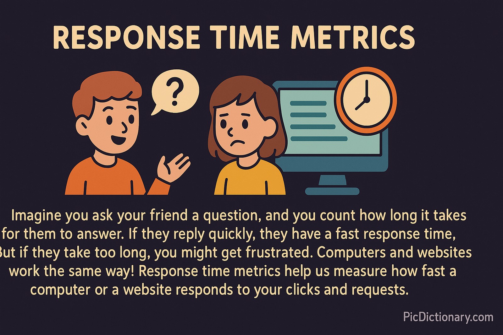 A flat-style digital illustration showing a boy asking a girl a question, symbolizing a delay in response. To the right, a computer screen with a large clock icon represents website response times.