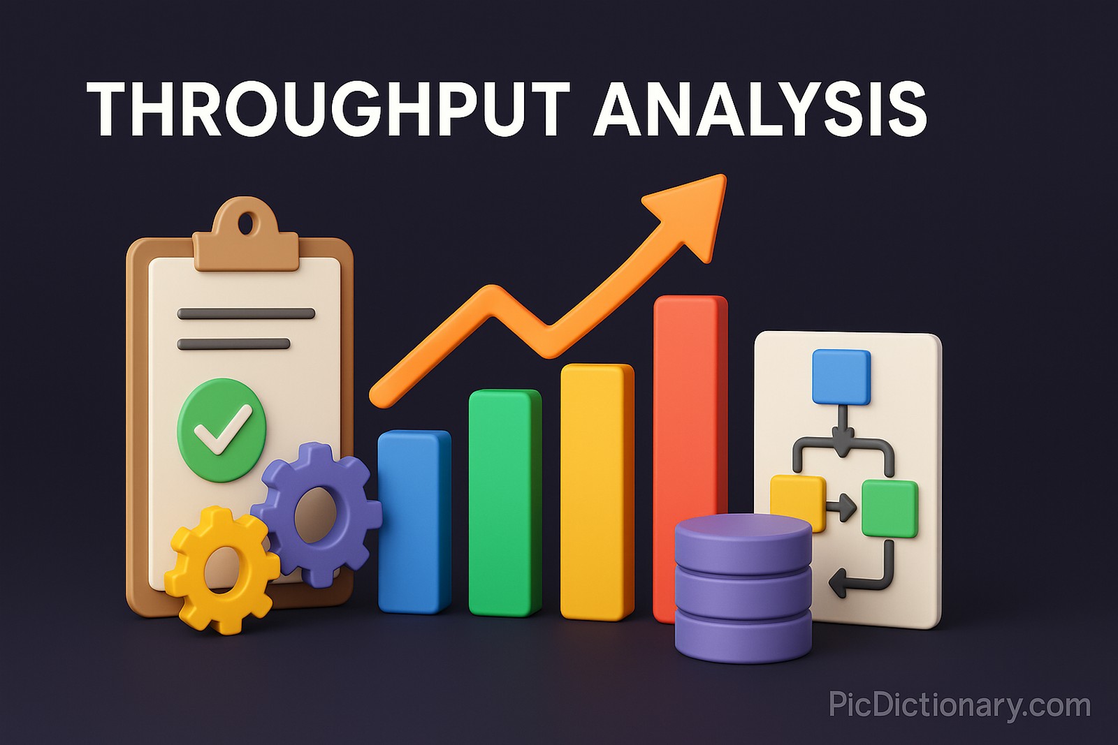 A 3D-rendered digital illustration titled "Throughput Analysis" shows colorful bar charts increasing from left to right, symbolizing data flow and performance measurement. A bright orange arrow curves upward above the bars to indicate improvement. To the left, a clipboard with a green checkmark and gears represents task validation and system operation.