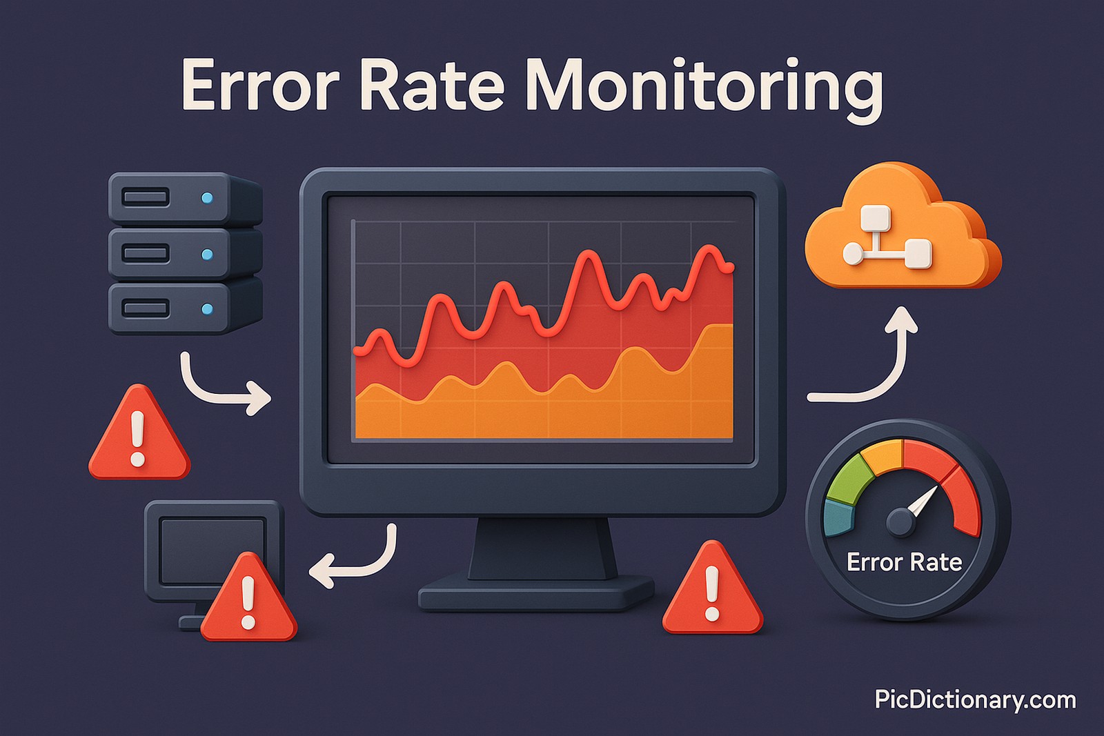 3D rendered infographic titled “Error Rate Monitoring”, set against a dark-shaded background. In the center, a digital dashboard shows a fluctuating error rate graph, highlighted in red and orange zones to indicate severity. Icons of servers, cloud apps, and network nodes are connected with arrows, representing system monitoring. A gauge-style meter labeled “Error Rate” displays varying levels from low to critical. Alert symbols (e.g., exclamation marks in red triangles) appear beside failed system components.