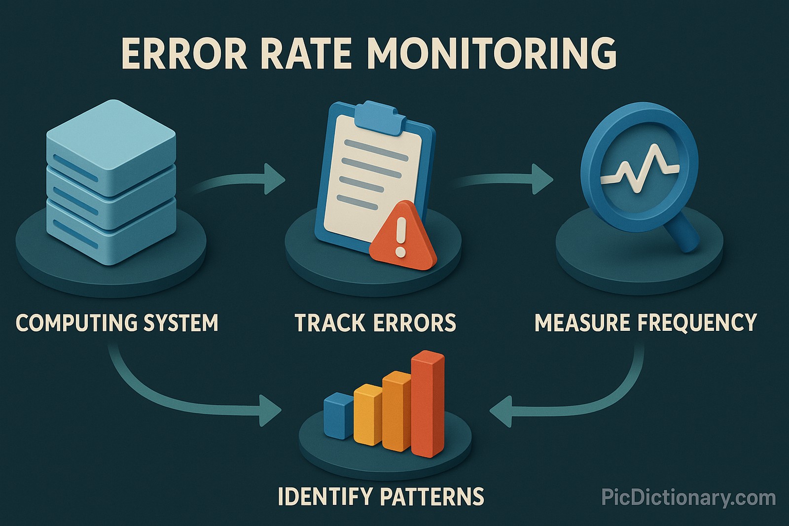 A 3D infographic titled "ERROR RATE MONITORING" displays a four-step process on a dark teal background. The steps are illustrated with icons: a server stack labeled "Computing System," a clipboard with a warning sign labeled "Track Errors," a magnifying glass over a pulse line labeled "Measure Frequency," and a colorful bar chart labeled "Identify Patterns." 