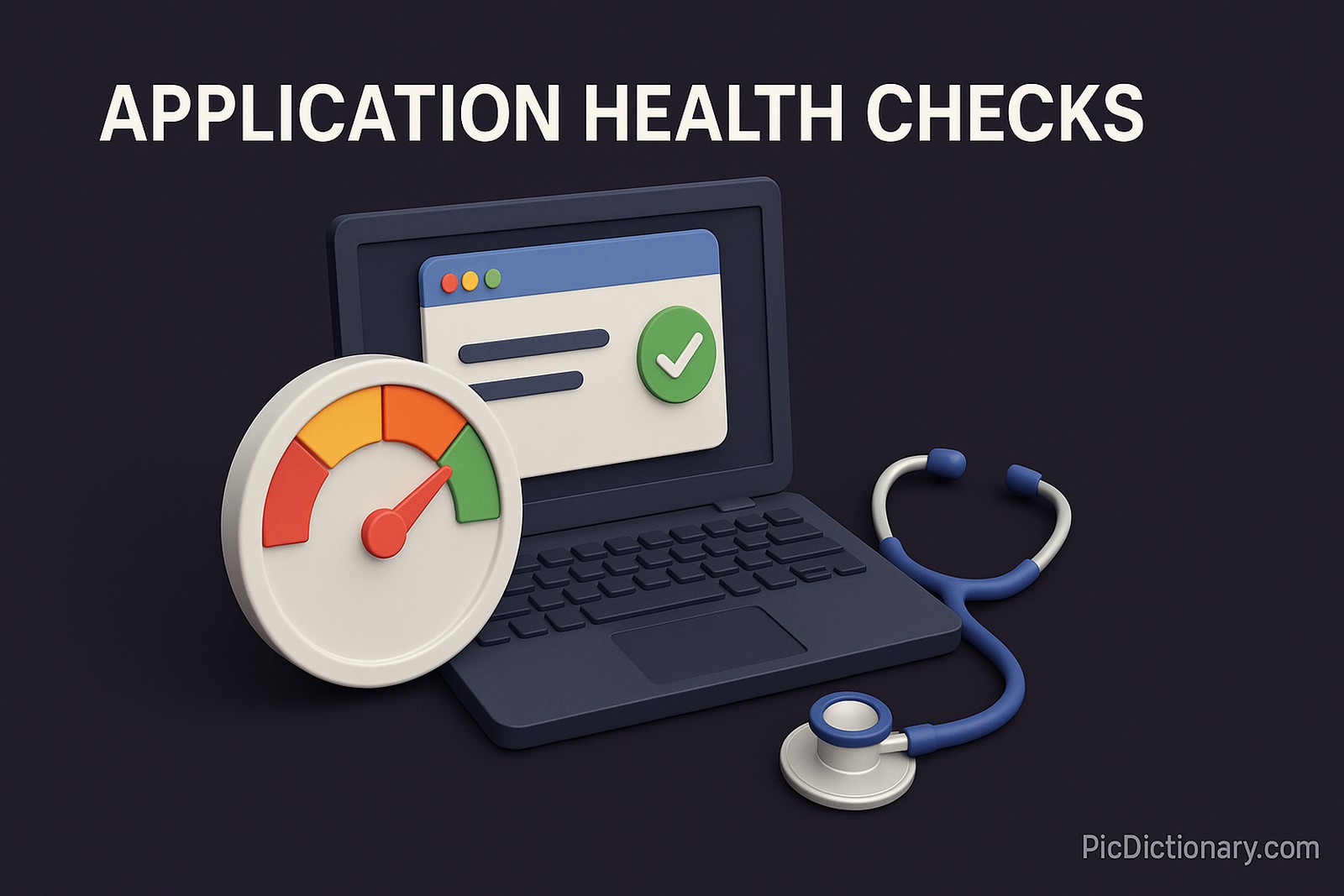 A 3D-rendered digital illustration on a dark purple background shows a laptop with a health check window and a green checkmark on the screen. In front of the laptop is a colorful gauge with red-to-green zones indicating performance, and a stethoscope rests nearby. 