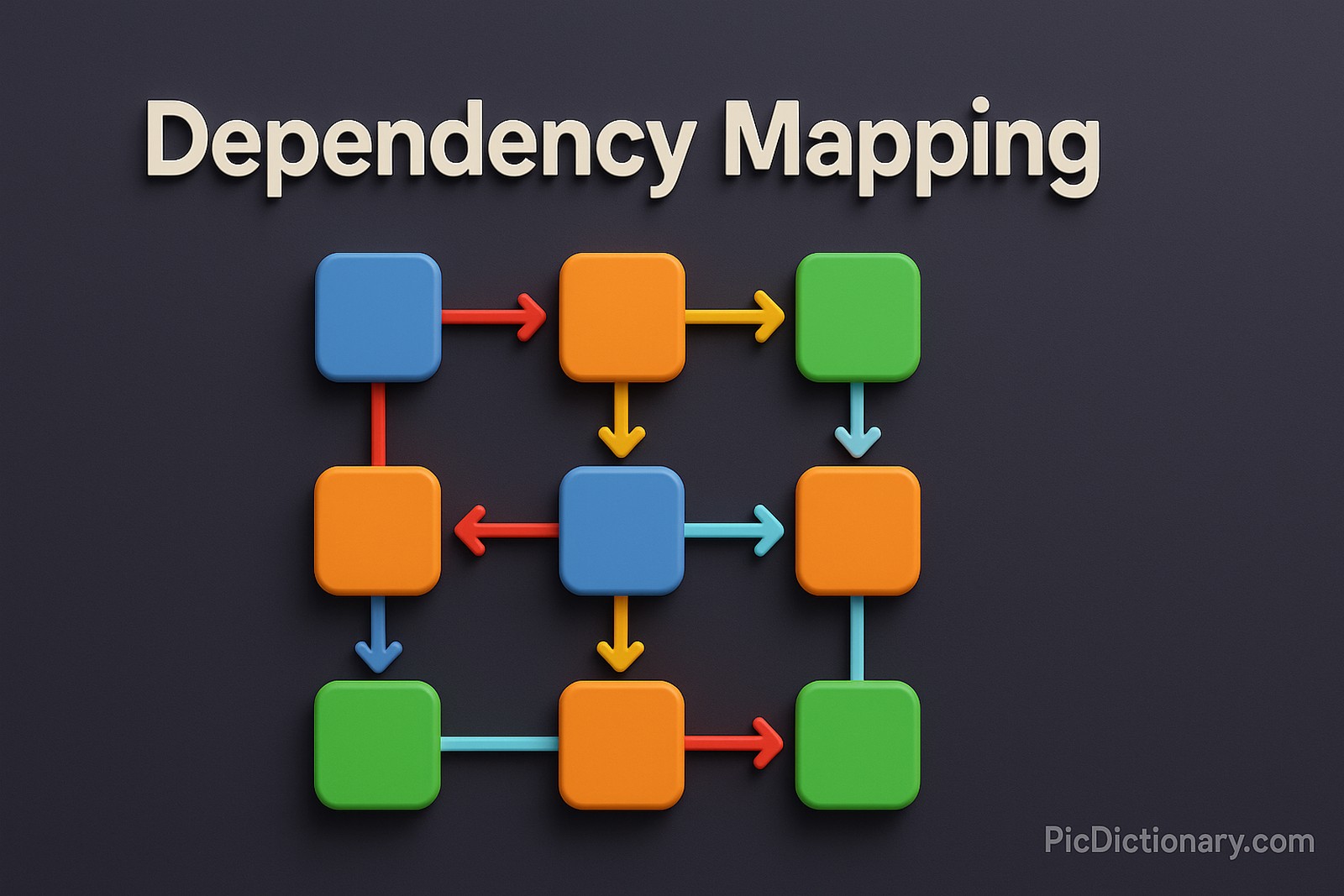 A 3D-rendered digital illustration features "Dependency Mapping" as the title in large bold white letters centered at the top. The background is a smooth dark gradient (deep blue-purple), creating contrast with the foreground. Below the title is a 3x3 grid of colorful rounded square nodes—blue, orange, and green—interconnected by directional arrows in red, yellow, and cyan, symbolizing various dependencies between components. Each arrow connects one node to another, visually representing a network of relationships. 