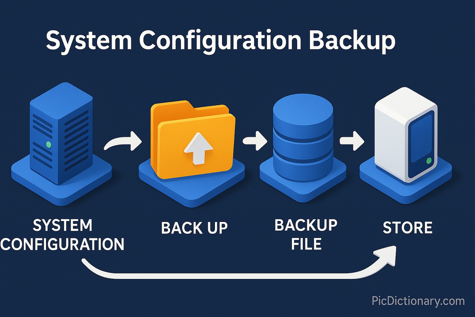 A 3D infographic titled "System Configuration Backup" shows a four-step process on a dark blue background: a blue server labeled "System Configuration," followed by a yellow folder labeled "Back Up," then a cylindrical blue database labeled "Backup File," and finally a white storage unit labeled "Store."