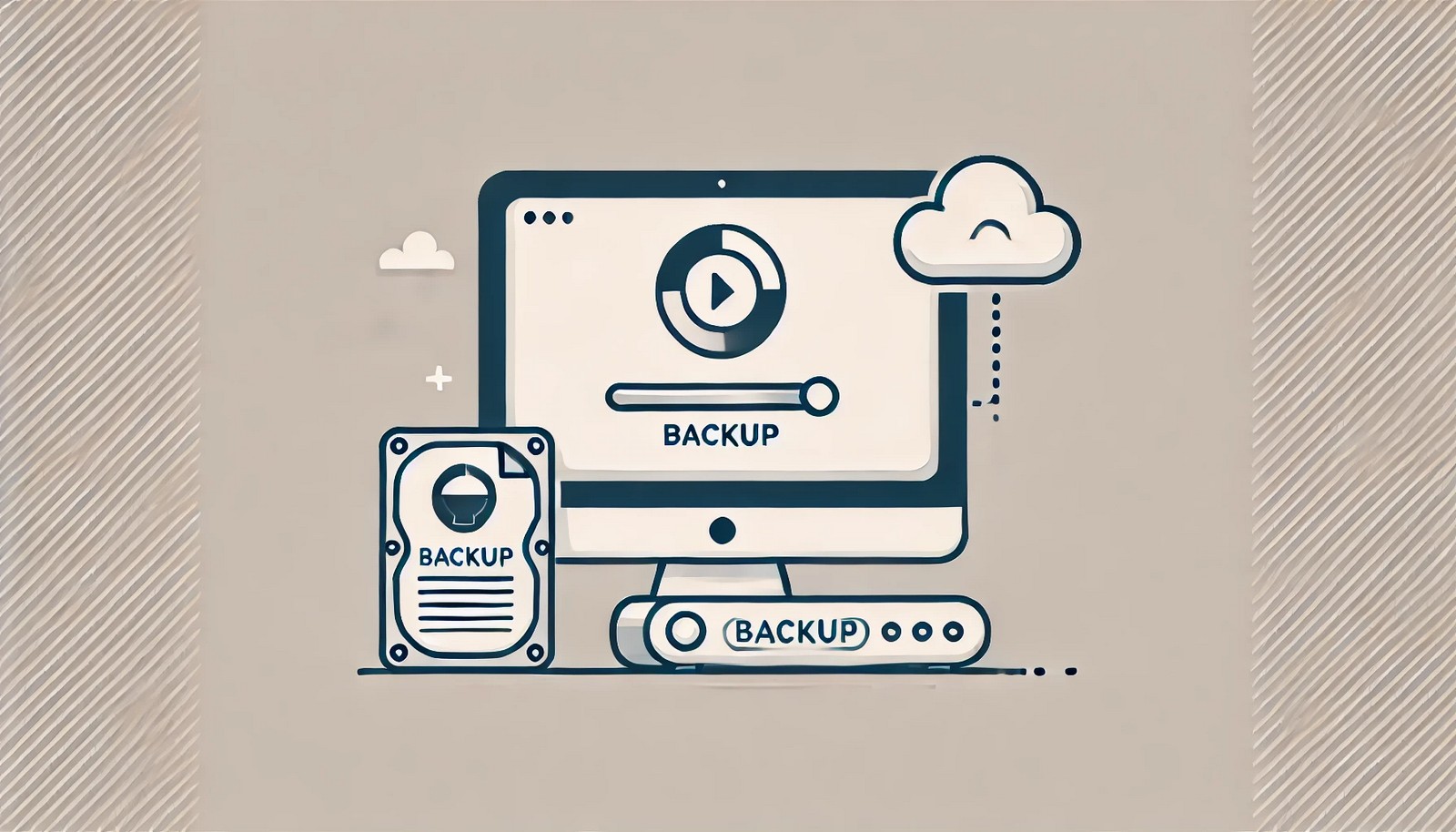  A modern digital illustration of a computer screen showing a settings panel with a backup progress bar. A cloud and an external hard drive in the background symbolize secure data storage and system reliability.