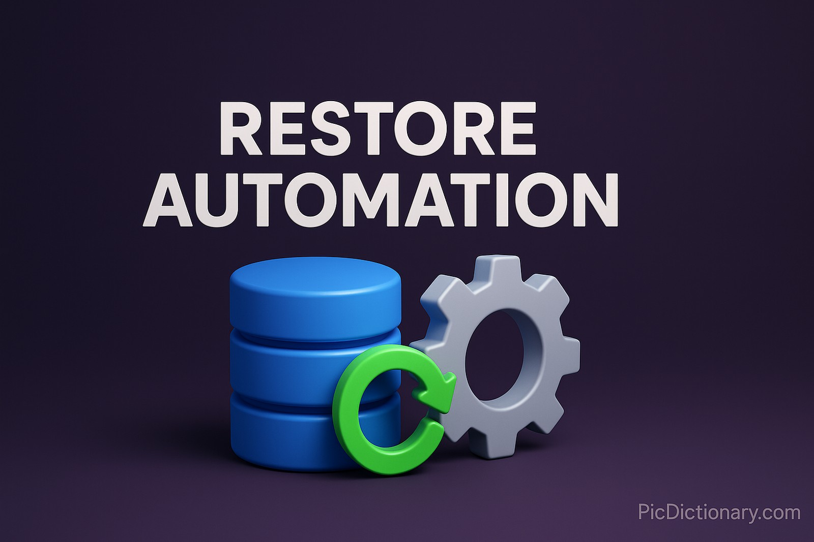 A 3D-rendered digital image features the concept of "Restore Automation." In the center, bold white text reads "RESTORE AUTOMATION." Below it, a stack of blue database disks is positioned beside a metallic gear and a green circular restore arrow icon. The background is a smooth gradient of dark purple, and a subtle shadow grounds the elements. 