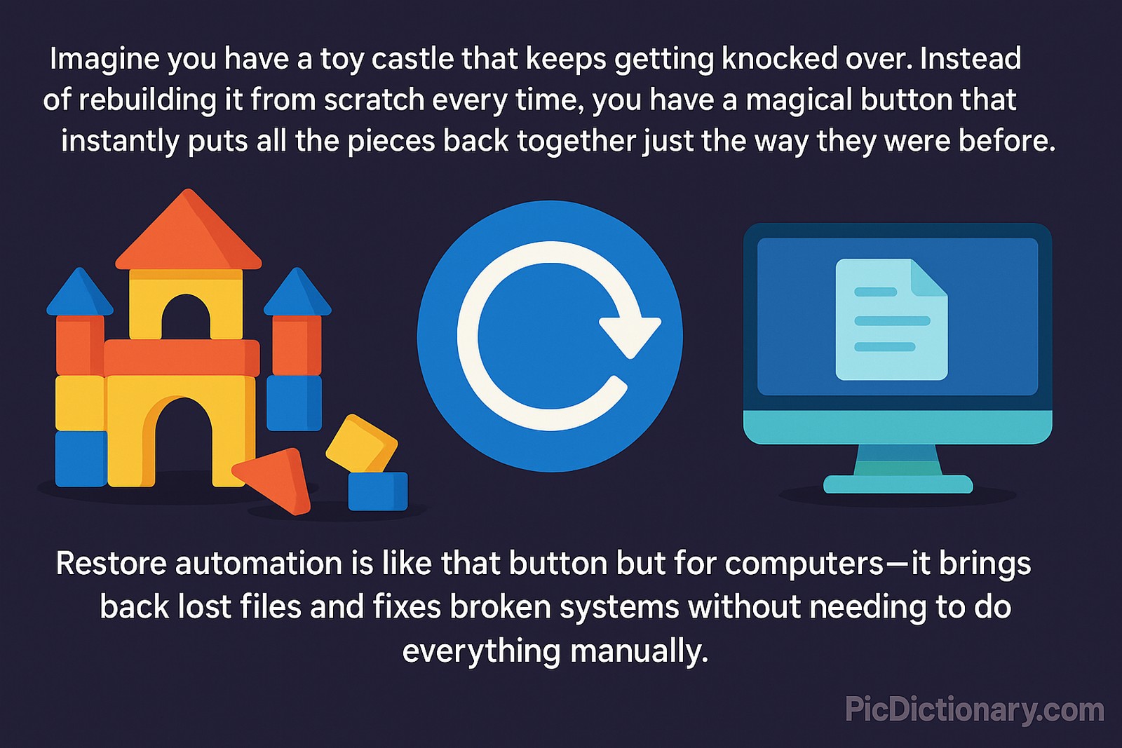 A flat-style digital illustration on a dark purple background showing a toy castle knocked over and restored, a large circular restore icon, and a computer screen—symbolizing restore automation like a magical button that instantly fixes broken systems and recovers lost files. 