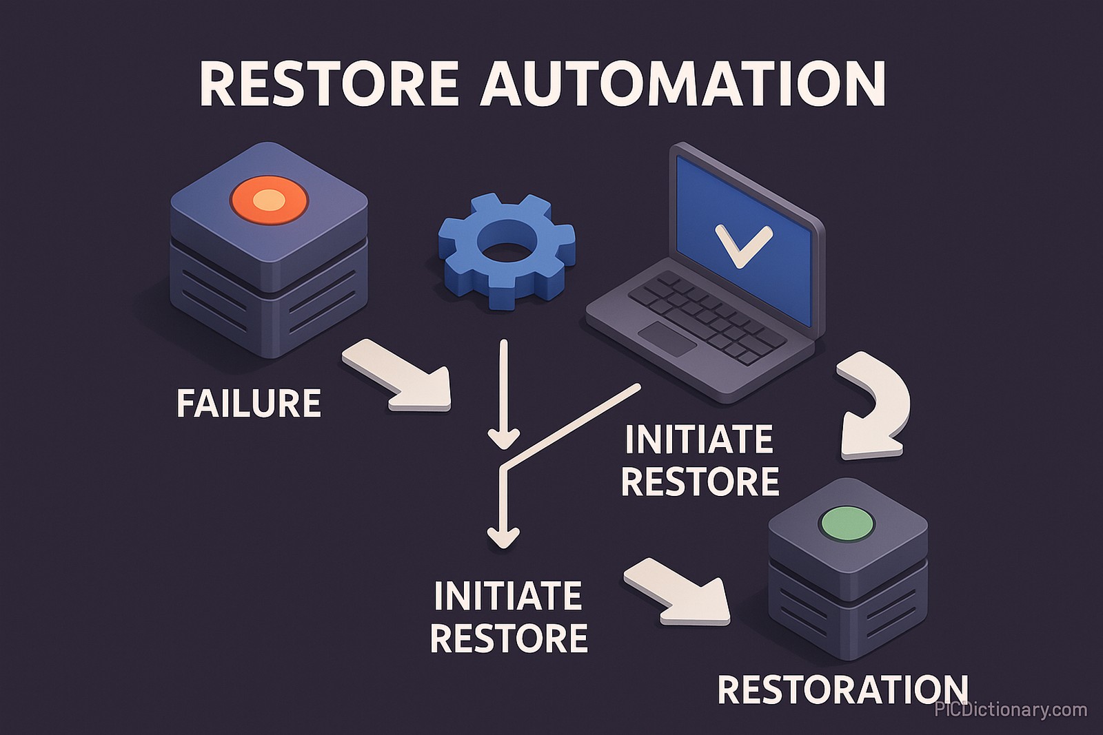 A 3D infographic on a dark purple background visually explains restore automation. The flow starts from a red-indicated "Failure" server, moves to a gear icon labeled "Initiate Restore," then a laptop with a checkmark, and ends at a green-lit "Restoration" server. 