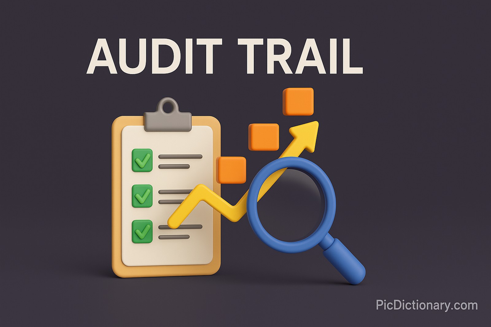 A 3D-rendered digital image displays “AUDIT TRAIL” in large white text above a clipboard with a checklist, a magnifying glass, and rising orange blocks representing tracking or data flow
