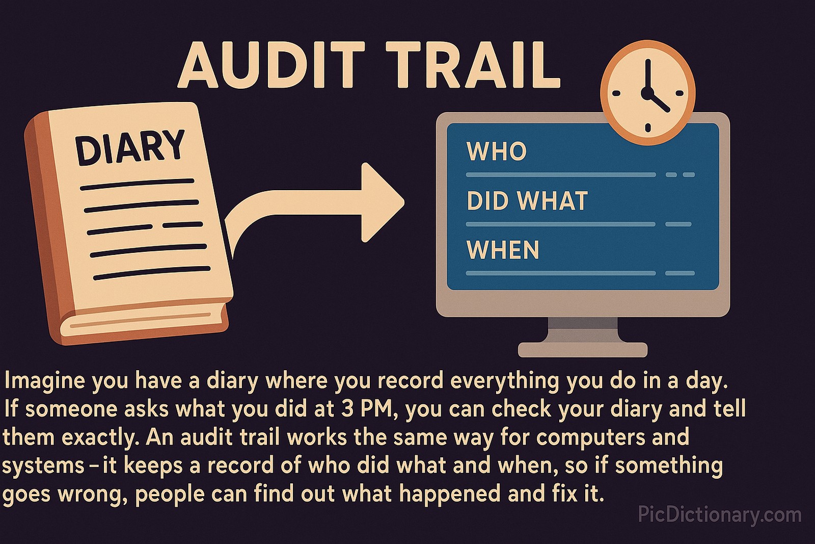 A 2D digital illustration titled "Audit Trail" on a dark purple background shows a labeled diary pointing to a computer screen with the words "Who," "Did What," and "When." A clock is placed above the screen. Below is an explanatory text comparing an audit trail to a personal diary that records daily activities for accountability.
