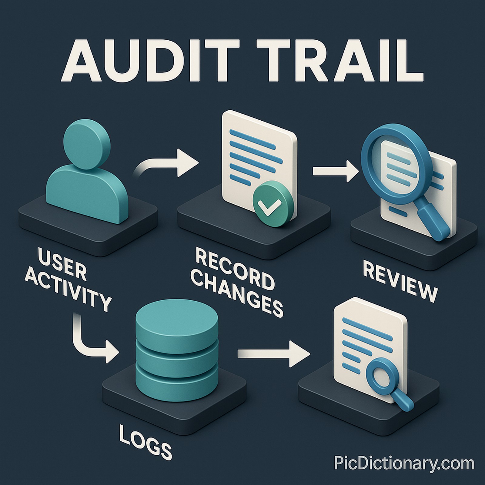 It features four labeled stages: "User Activity" (icon of a person), "Record Changes" (document icon with a checkmark), "Logs" (stacked database disks), and "Review" (document with magnifying glass). Each stage sits on a raised platform and is connected by white arrows showing the process flow. The design uses shades of teal, blue, gray, and white. 