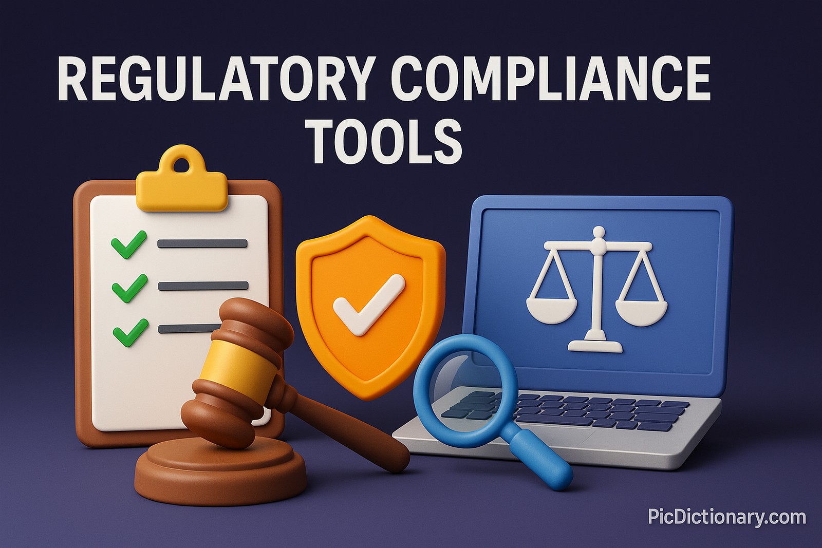 A 3D-rendered digital illustration displays regulatory compliance tools, including a clipboard with checkmarks, a gavel, a shield with a checkmark, a magnifying glass, and a laptop screen showing justice scales.