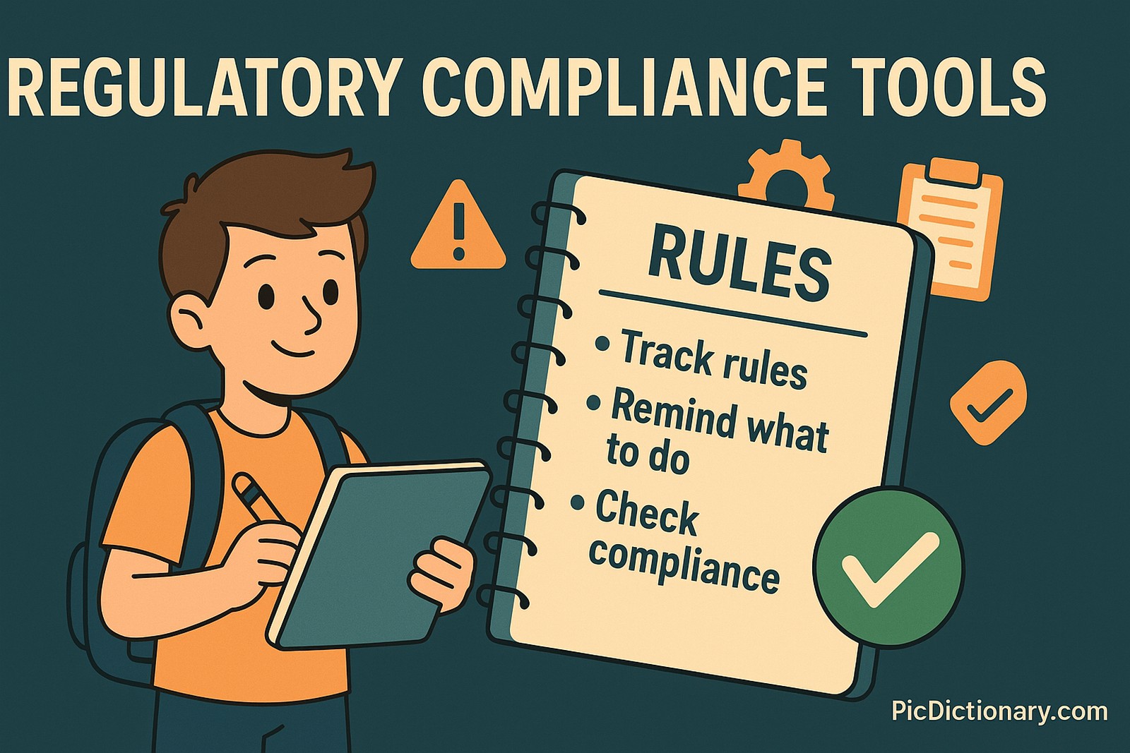 A flat-style digital illustration titled "REGULATORY COMPLIANCE TOOLS" shows a cartoon student holding a notebook labeled "RULES" with points like "Track rules," "Remind what to do," and "Check compliance," representing how these tools help follow important guidelines. 