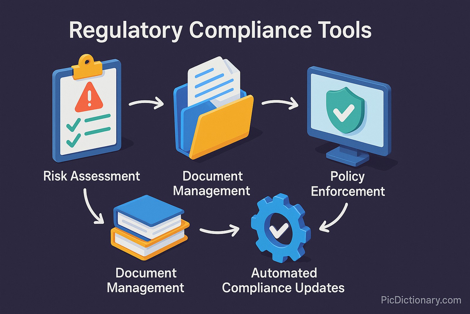 A 3D digital infographic titled "Regulatory Compliance Tools" shows a workflow with four labeled steps: "Risk Assessment" depicted by a clipboard with a warning icon and checkmarks, "Document Management" shown as folders and files, "Policy Enforcement" illustrated by a computer screen with a shield and checkmark, and "Automated Compliance Updates" represented by a gear with a checkmark. Arrows connect each step in a circular process. 