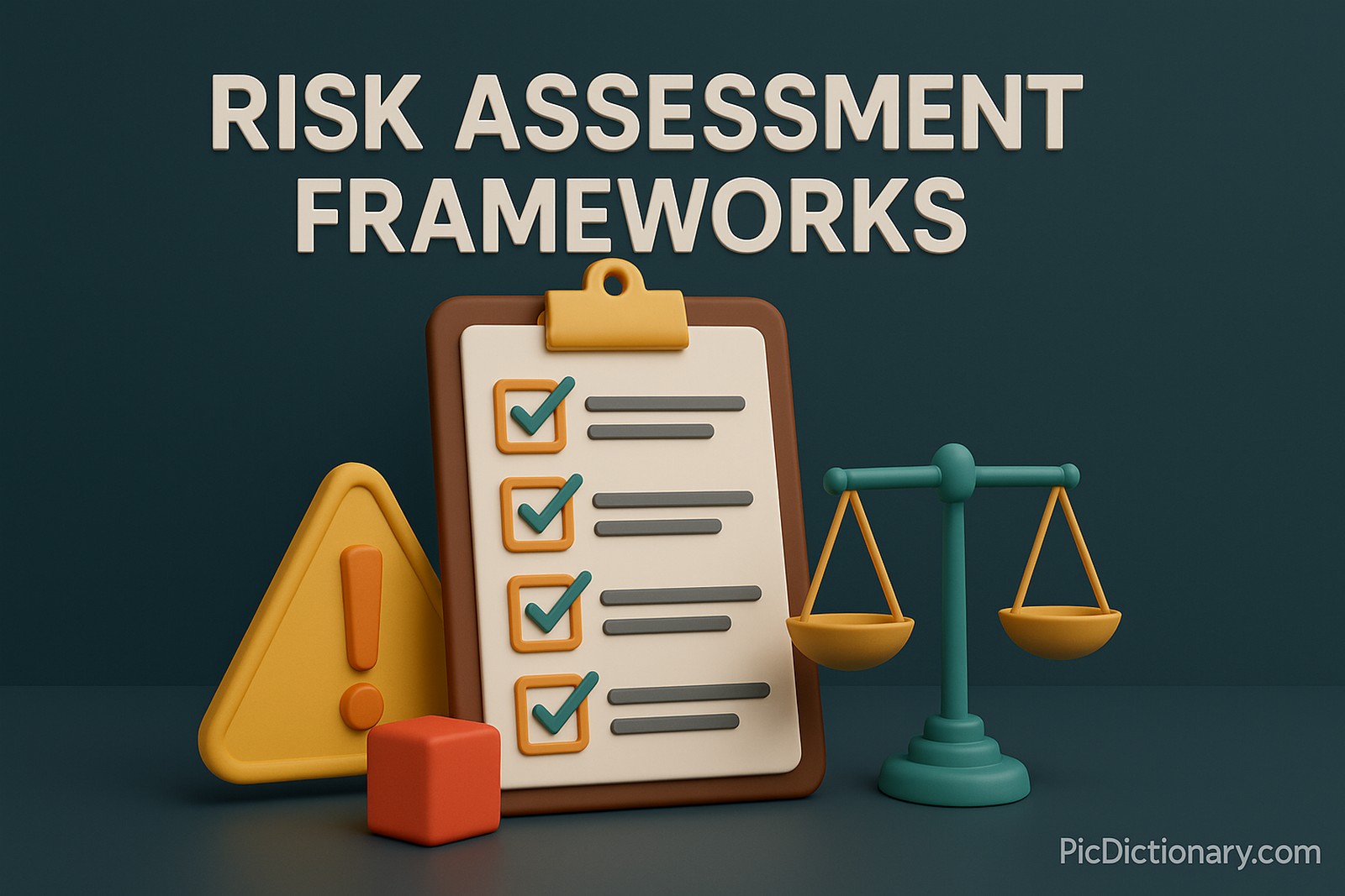 A 3D-rendered digital image features the title "RISK ASSESSMENT FRAMEWORKS" in large white text centered at the top against a dark teal background. Below the title, a clipboard with a checklist of four green-checked items is positioned at the center. To the left, a yellow triangular warning sign with an exclamation mark and a red cube suggest caution and evaluation. 